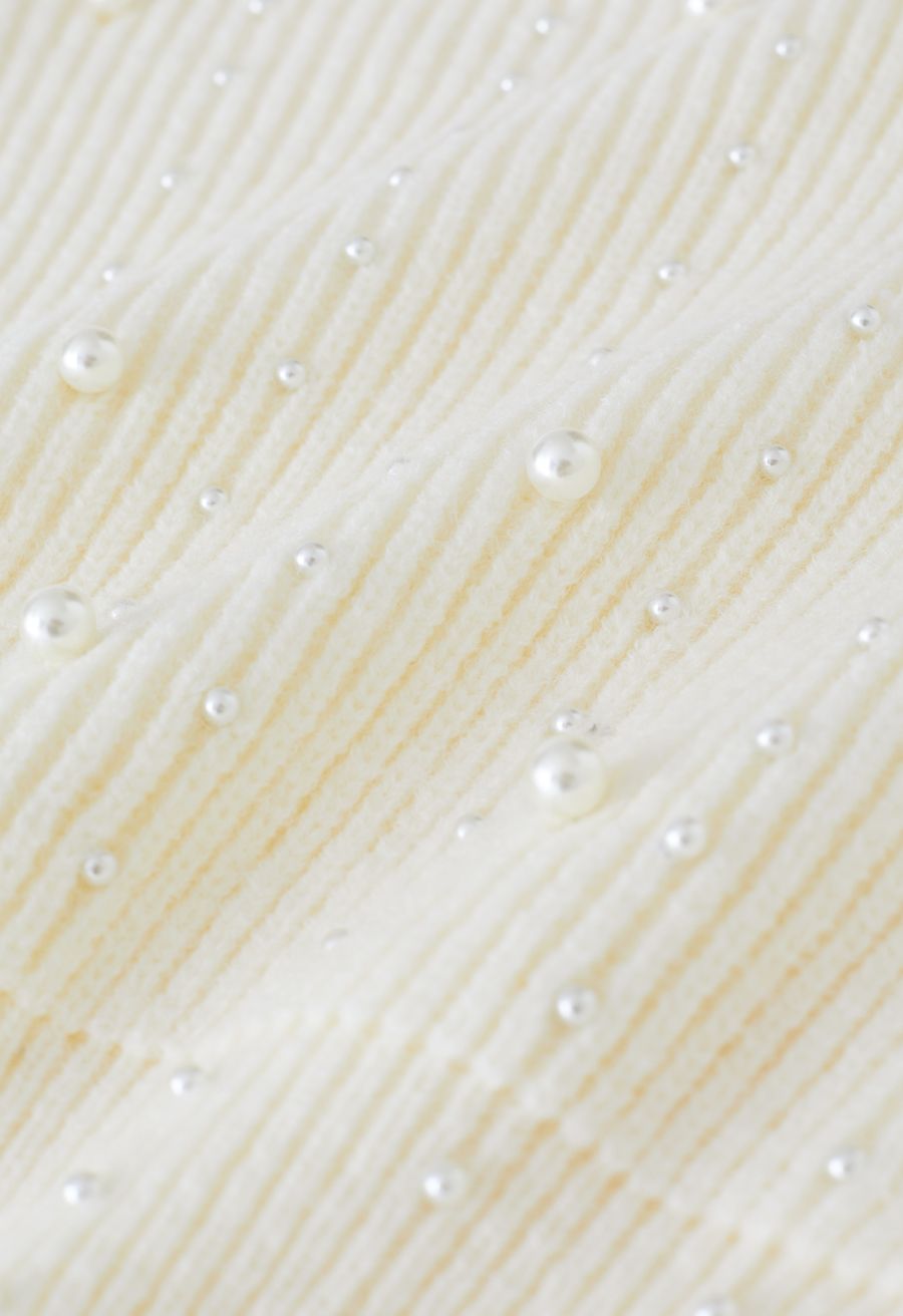 Pearl Embellished Puff Sleeve Knit Sweater in Cream