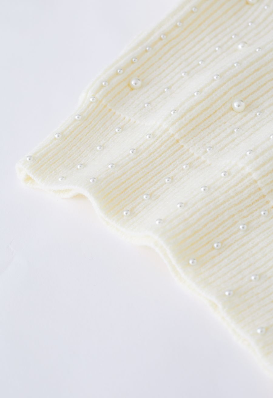 Pearl Embellished Puff Sleeve Knit Sweater in Cream