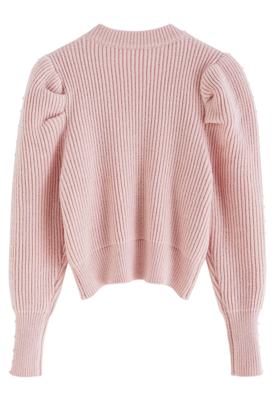 Pearl Embellished Puff Sleeve Knit Sweater in Pink