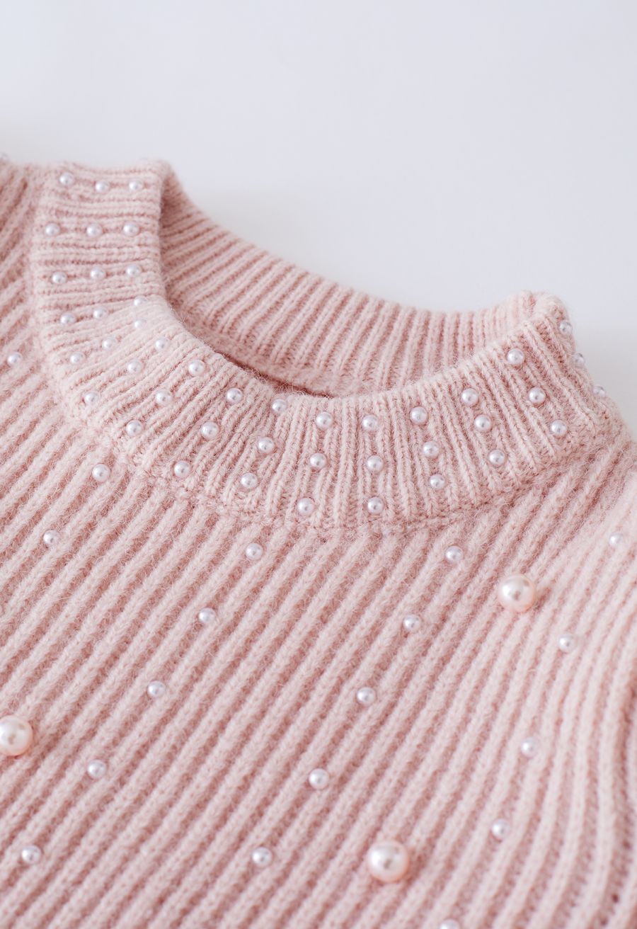 Pearl Embellished Puff Sleeve Knit Sweater in Pink
