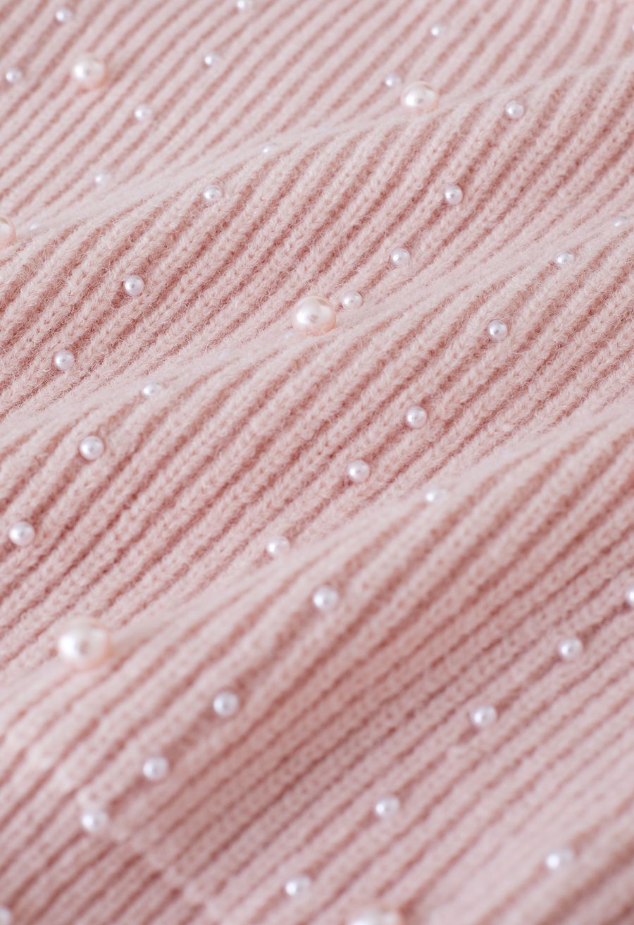 Pearl Embellished Puff Sleeve Knit Sweater in Pink