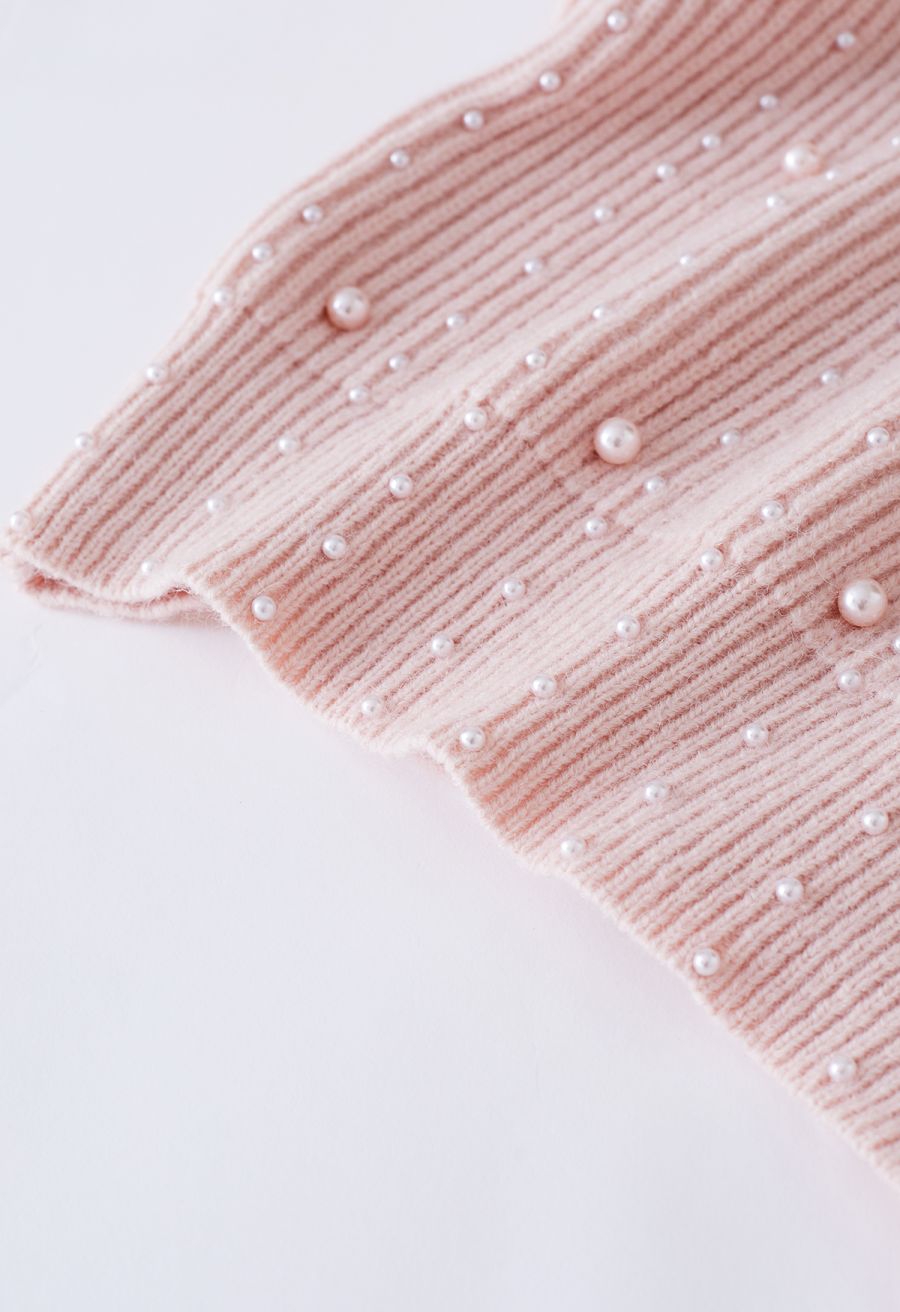 Pearl Embellished Puff Sleeve Knit Sweater in Pink