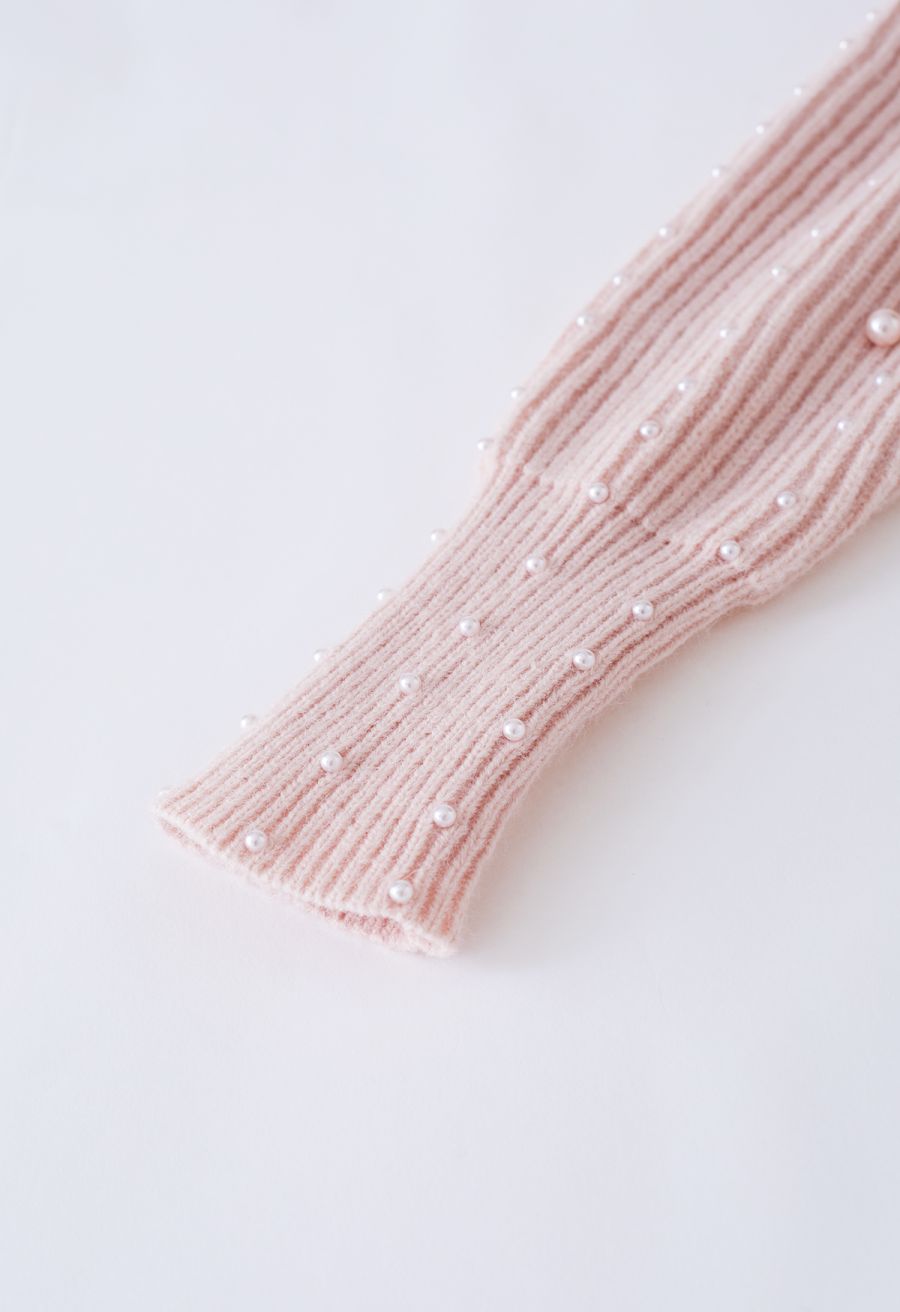 Pearl Embellished Puff Sleeve Knit Sweater in Pink