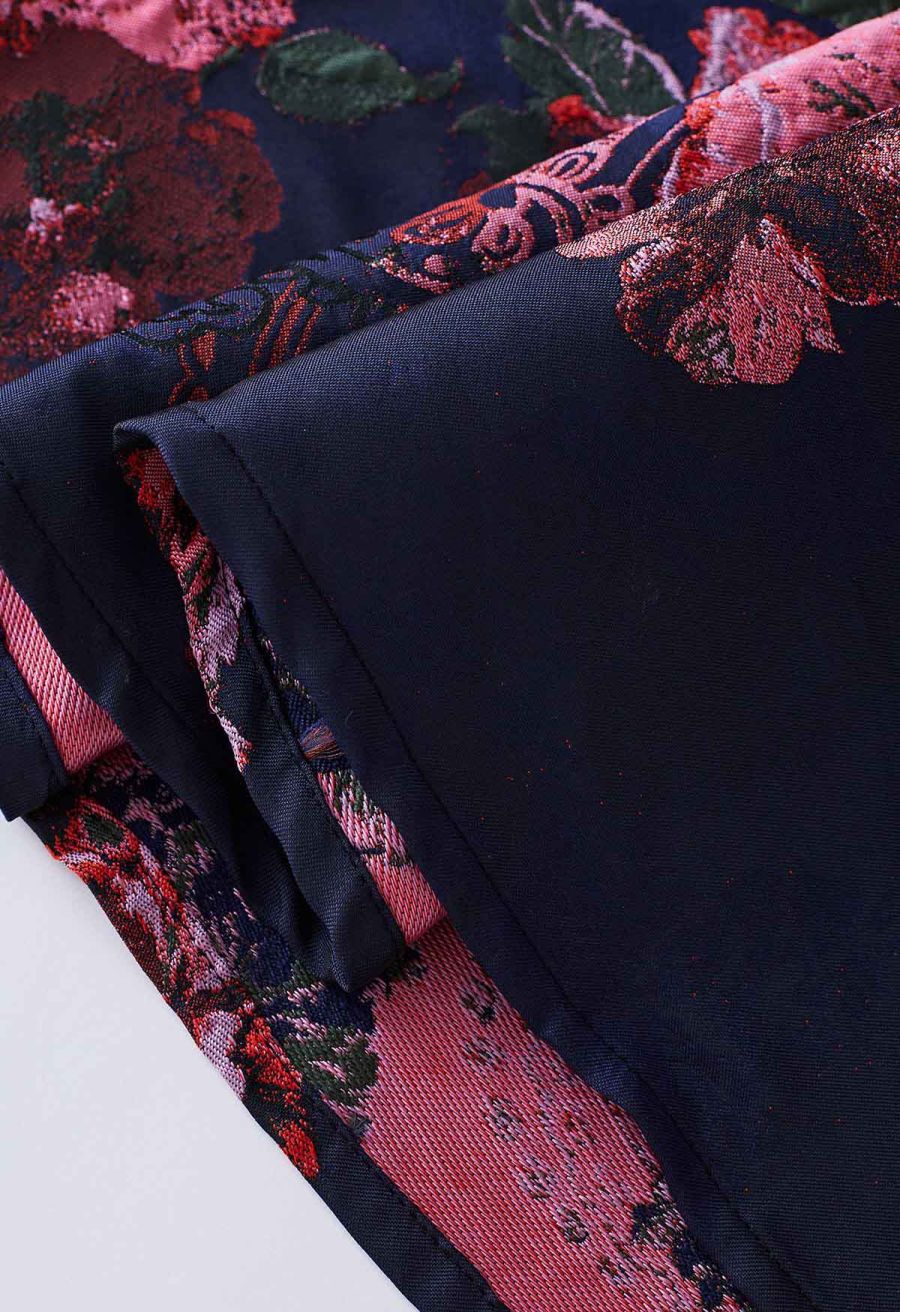 Bewitching Peony Jacquard Flare Skirt in Navy
