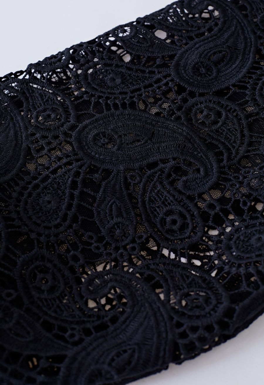Paisley Crochet Sleeve Knit Top in Black