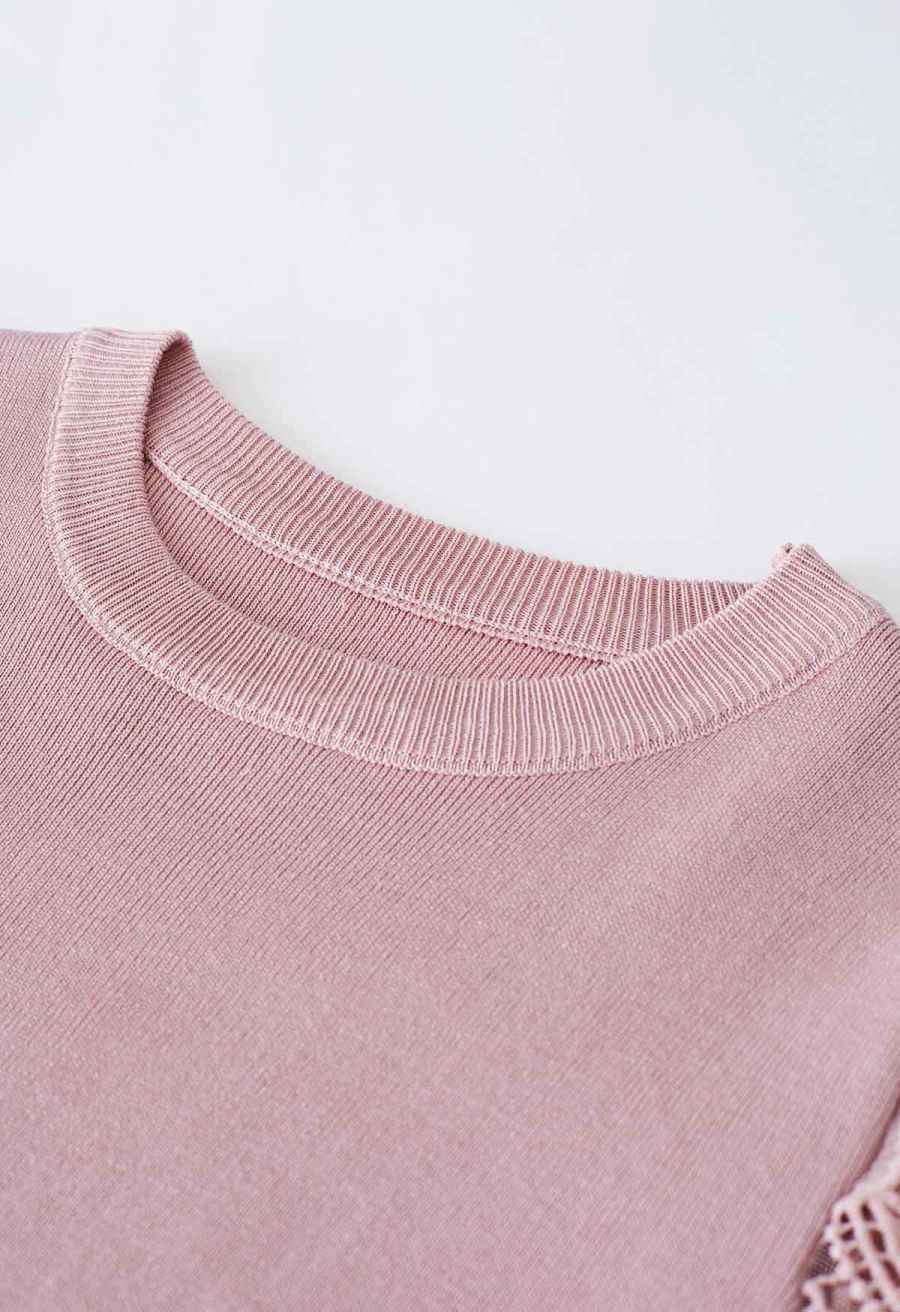 Paisley Crochet Sleeve Knit Top in Pink