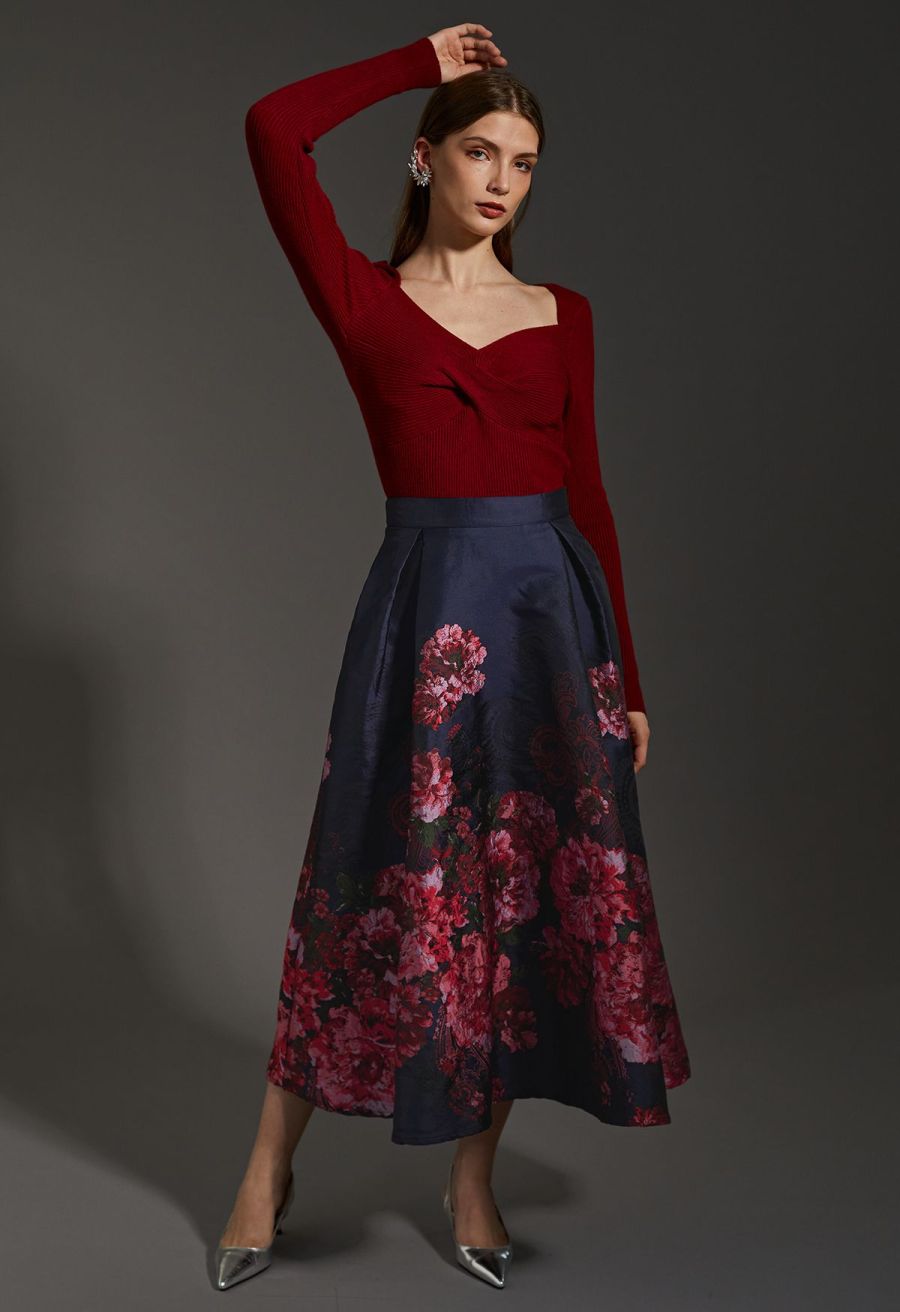 Bewitching Peony Jacquard Flare Skirt in Navy