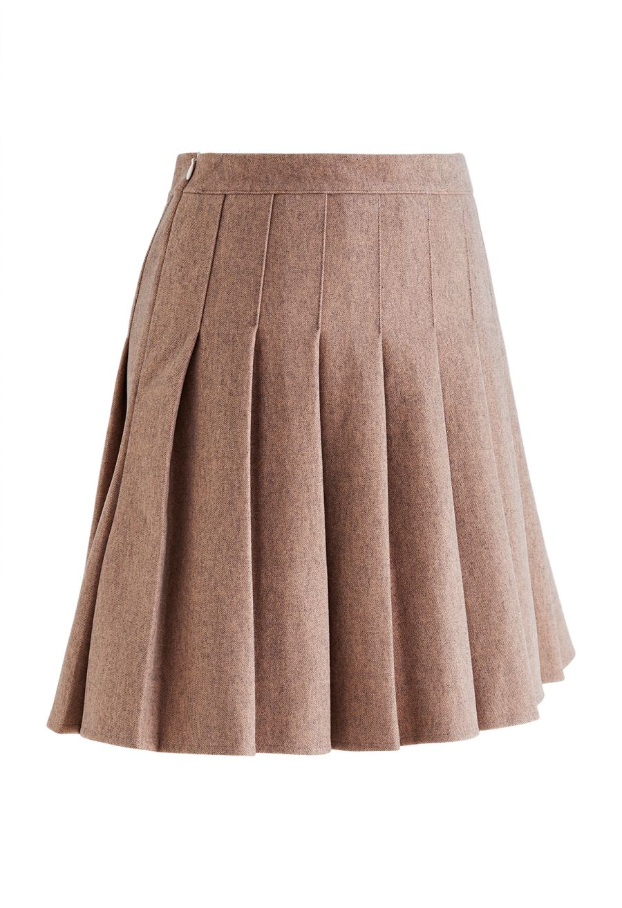 High Waist Wool-Blend Pleated Skater Skirt in Camel