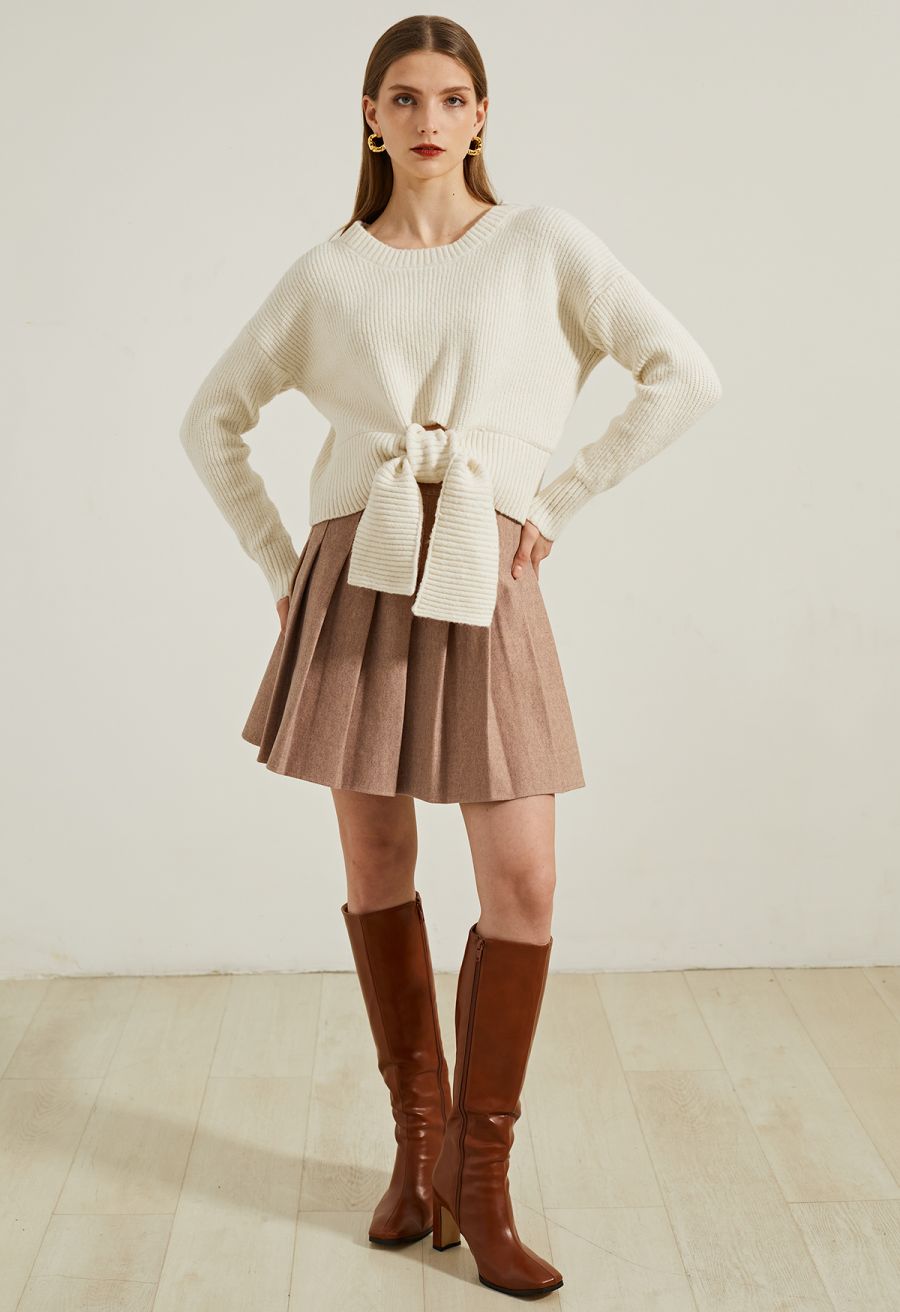 High Waist Wool-Blend Pleated Skater Skirt in Camel