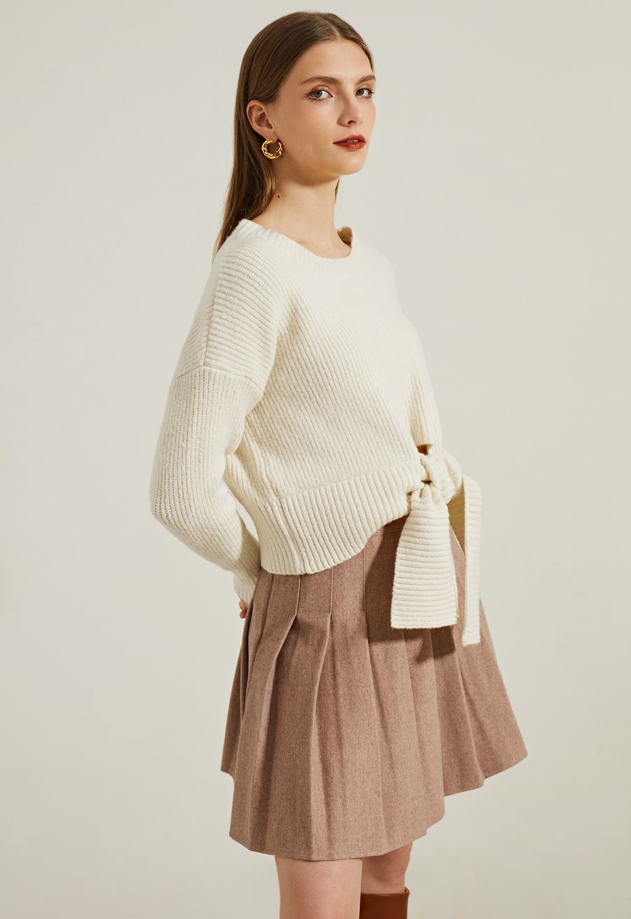 High Waist Wool-Blend Pleated Skater Skirt in Camel