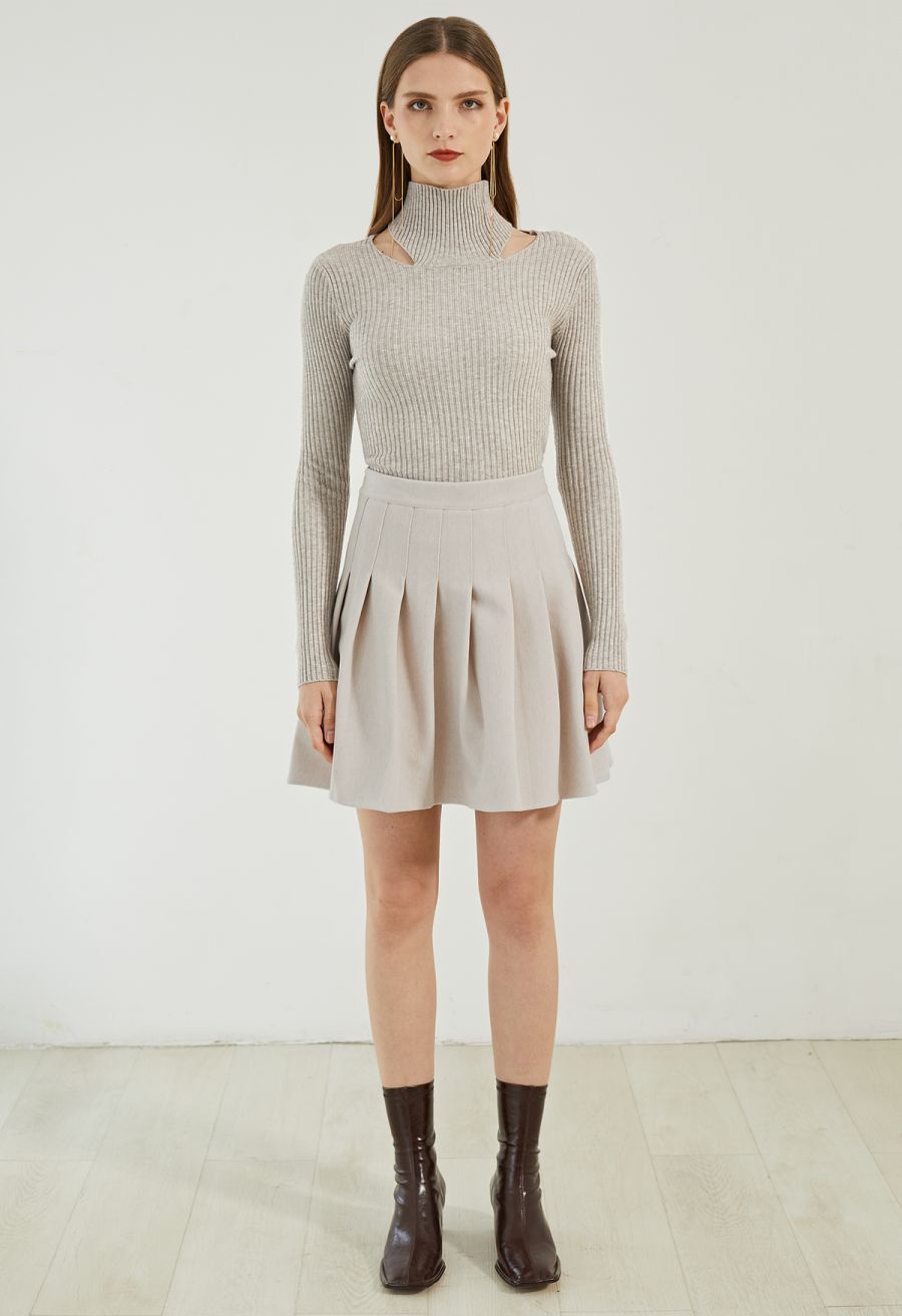 High Waist Wool-Blend Pleated Skater Skirt in Ivory