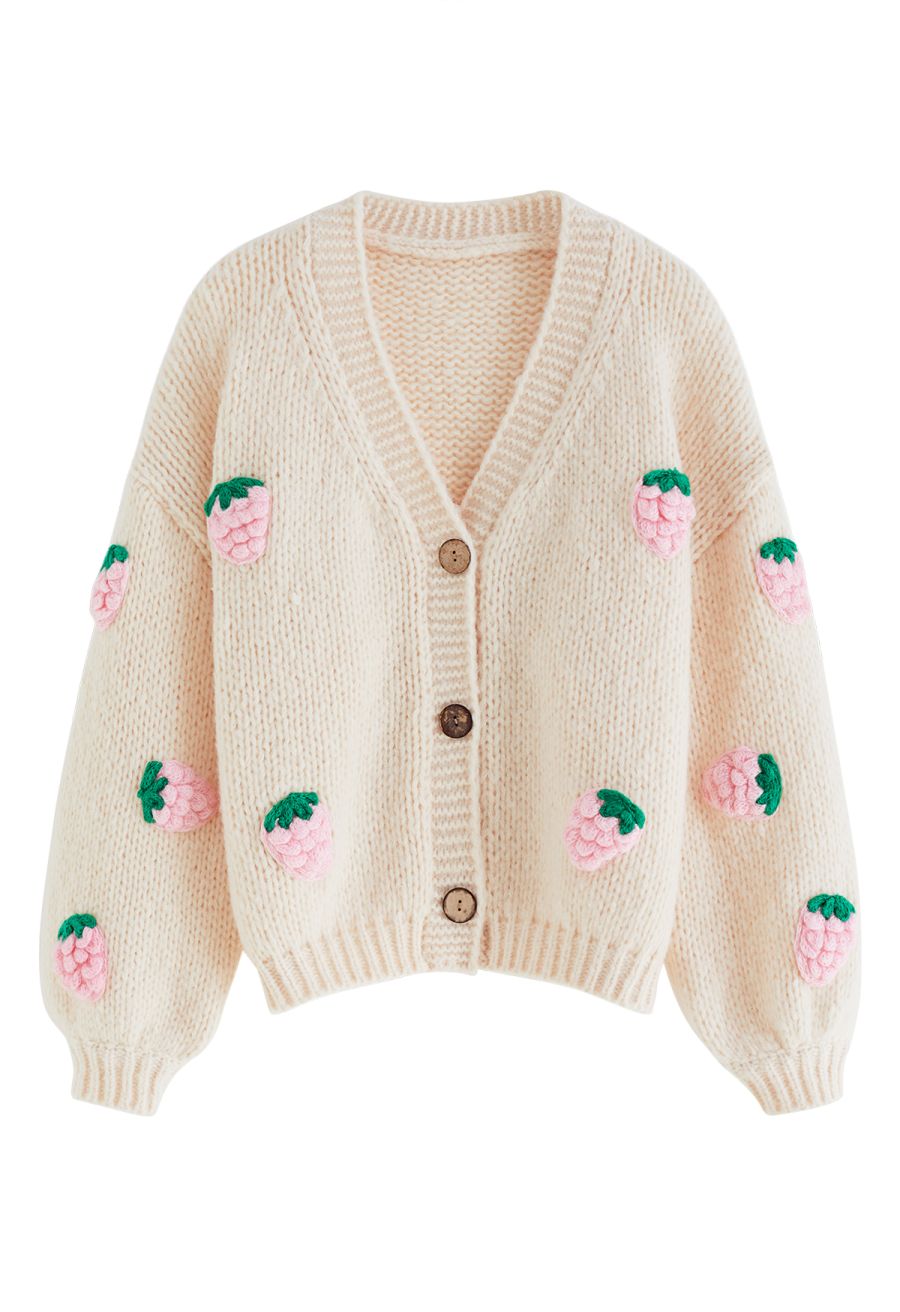 Stitch Strawberry Button Up Hand Knit Cardigan in Cream