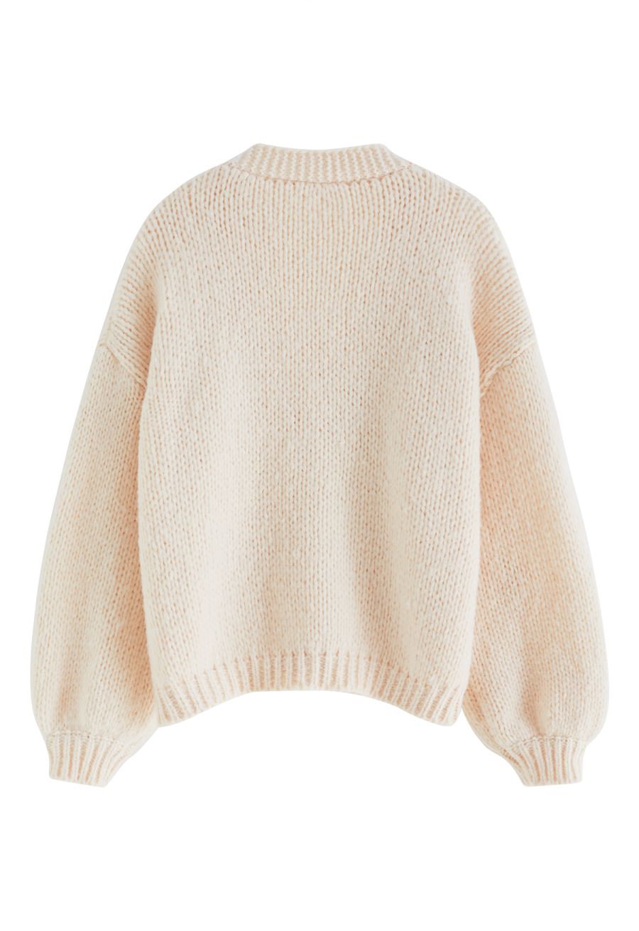 Stitch Strawberry Button Up Hand Knit Cardigan in Cream
