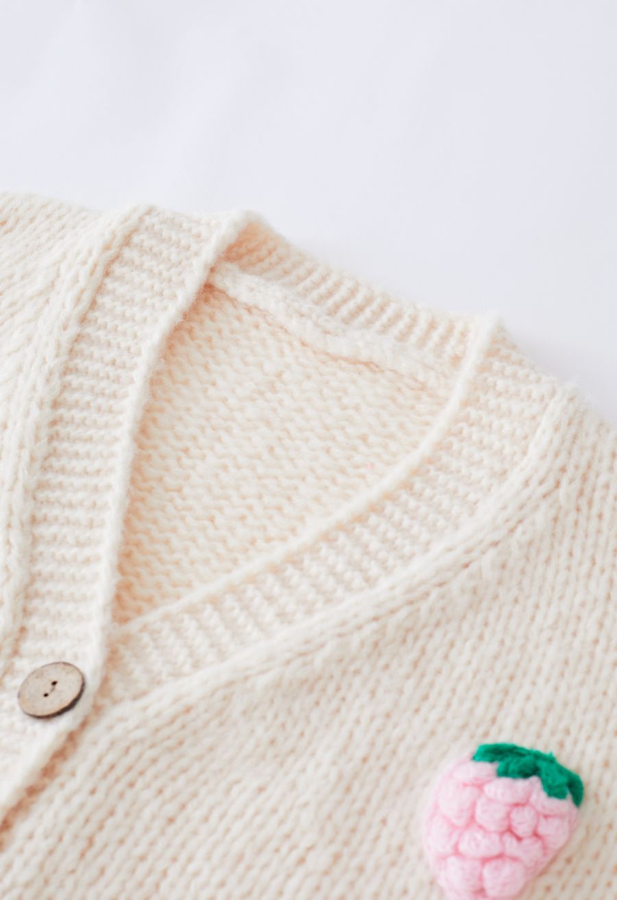 Stitch Strawberry Button Up Hand Knit Cardigan in Cream