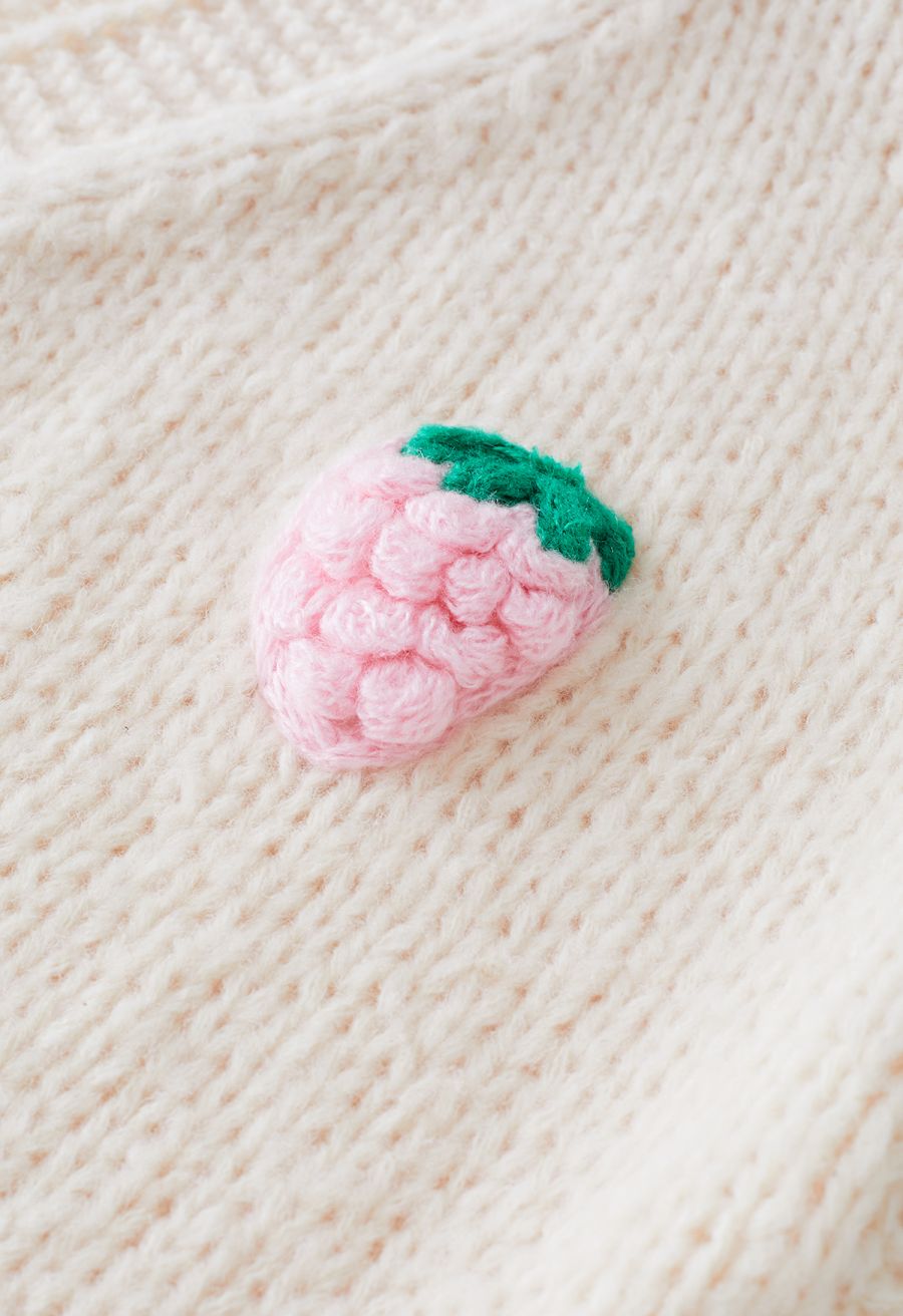 Stitch Strawberry Button Up Hand Knit Cardigan in Cream