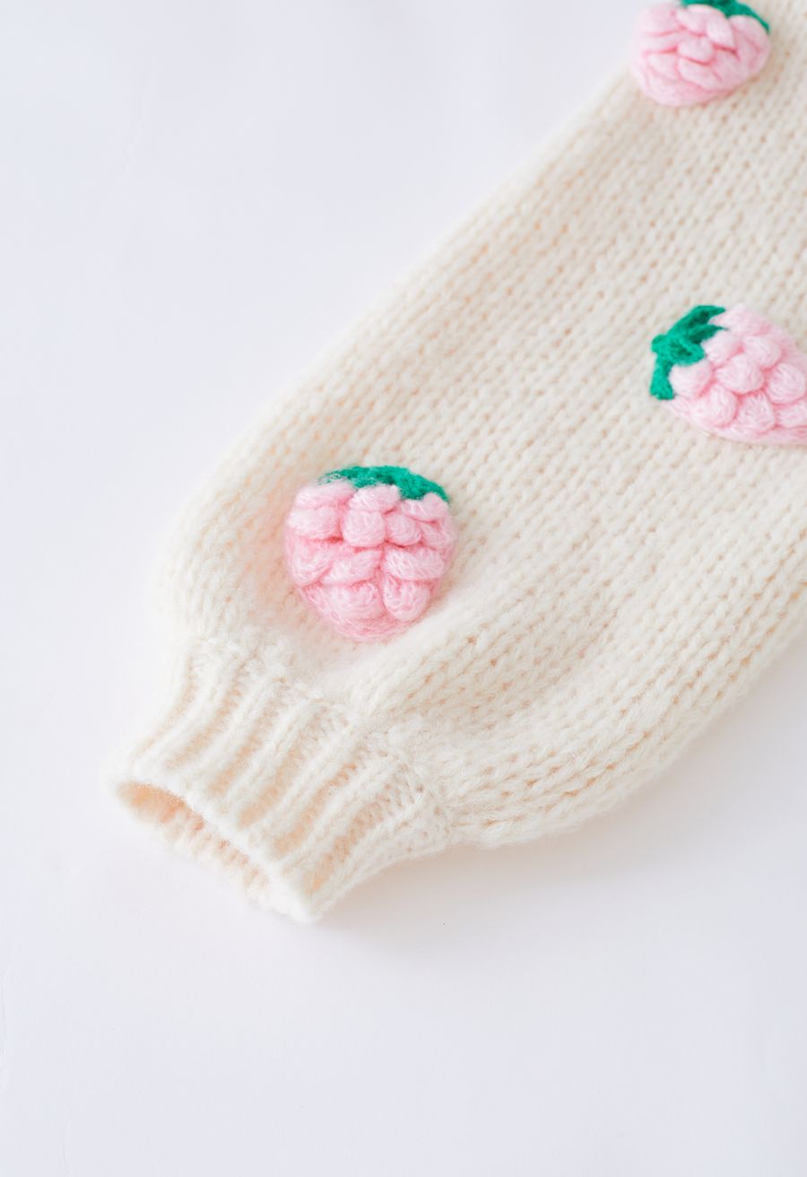 Stitch Strawberry Button Up Hand Knit Cardigan in Cream