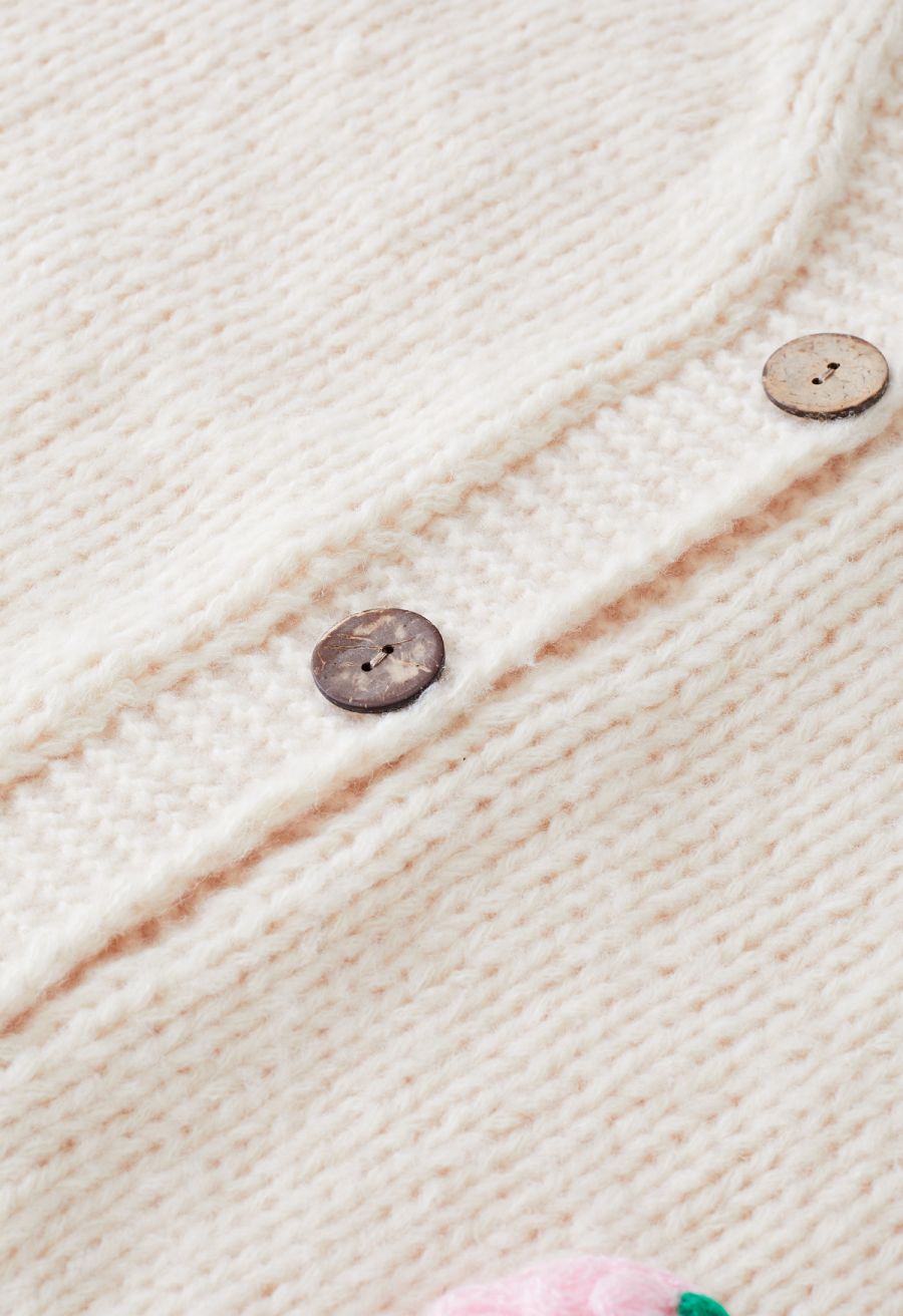 Stitch Strawberry Button Up Hand Knit Cardigan in Cream