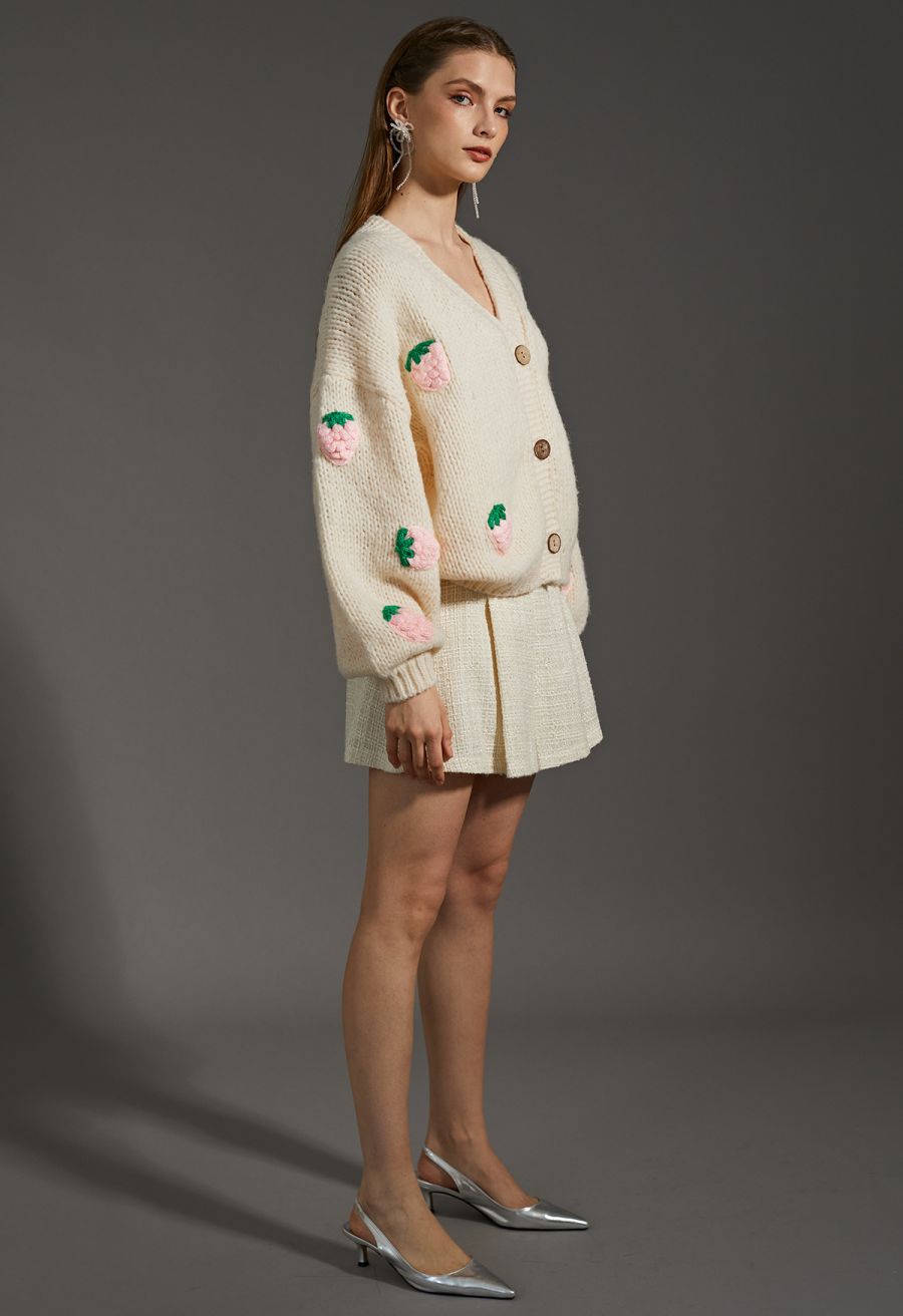 Stitch Strawberry Button Up Hand Knit Cardigan in Cream