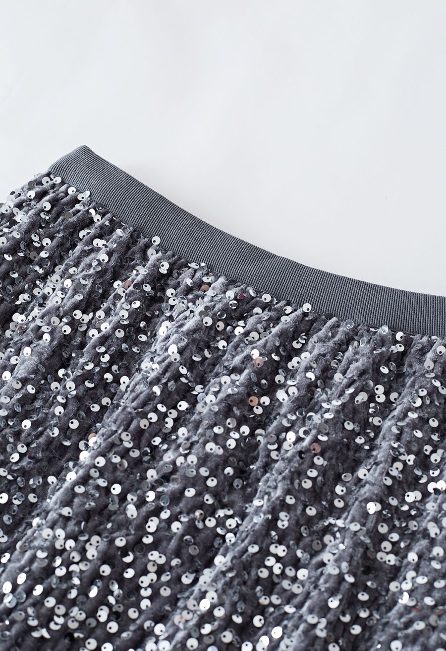 Velvet Sequined Feathered Hem Pencil Skirt in Grey