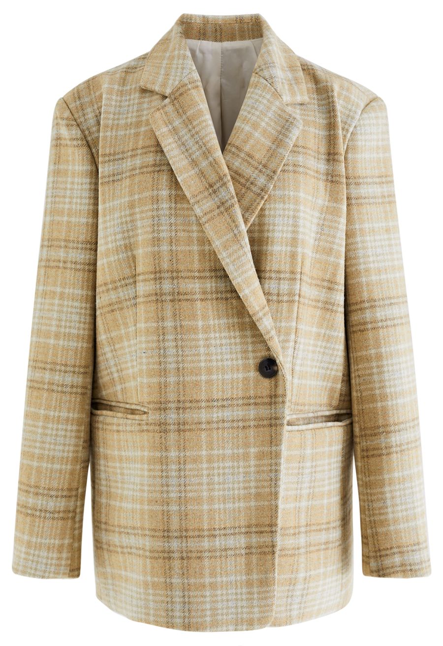 One-Button Front Plaid Wool-Blend Blazer
