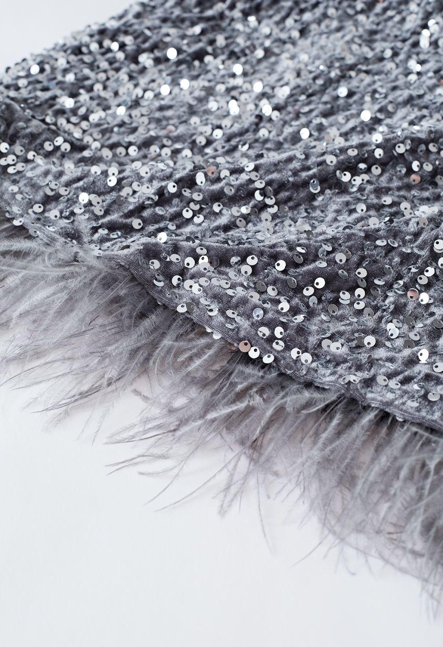 Velvet Sequined Feathered Hem Pencil Skirt in Grey
