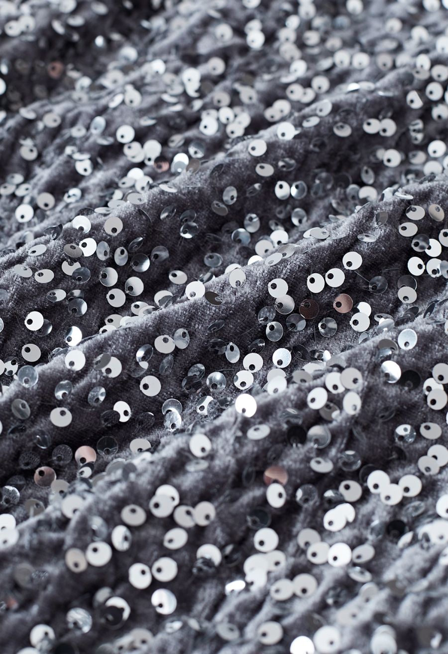 Velvet Sequined Feathered Hem Pencil Skirt in Grey