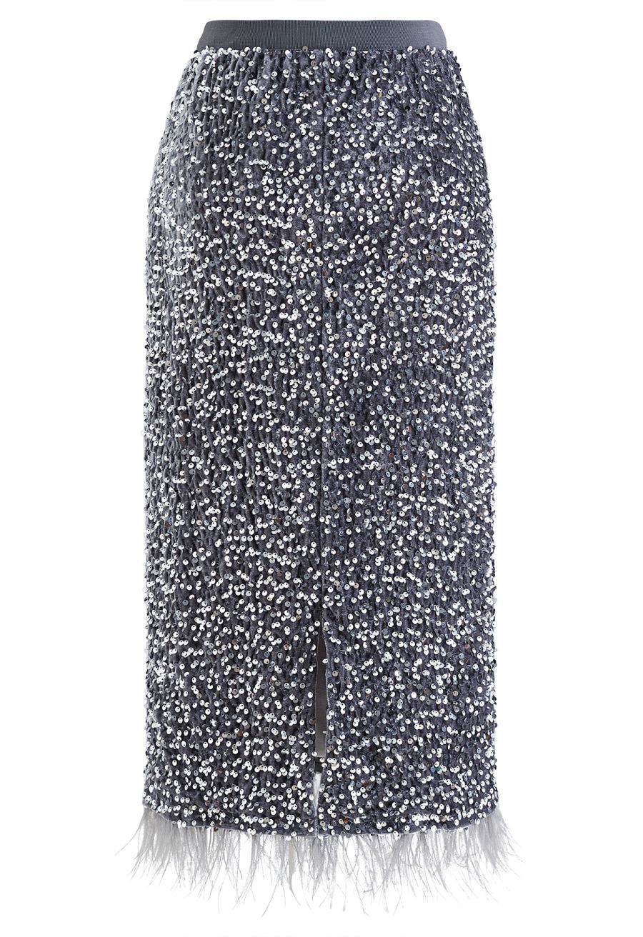 Velvet Sequined Feathered Hem Pencil Skirt in Grey