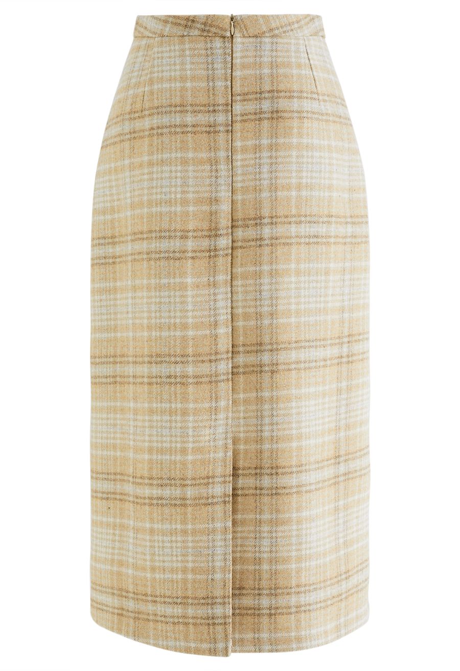 Snazzy Plaid Wool-Blend Pencil Midi Skirt