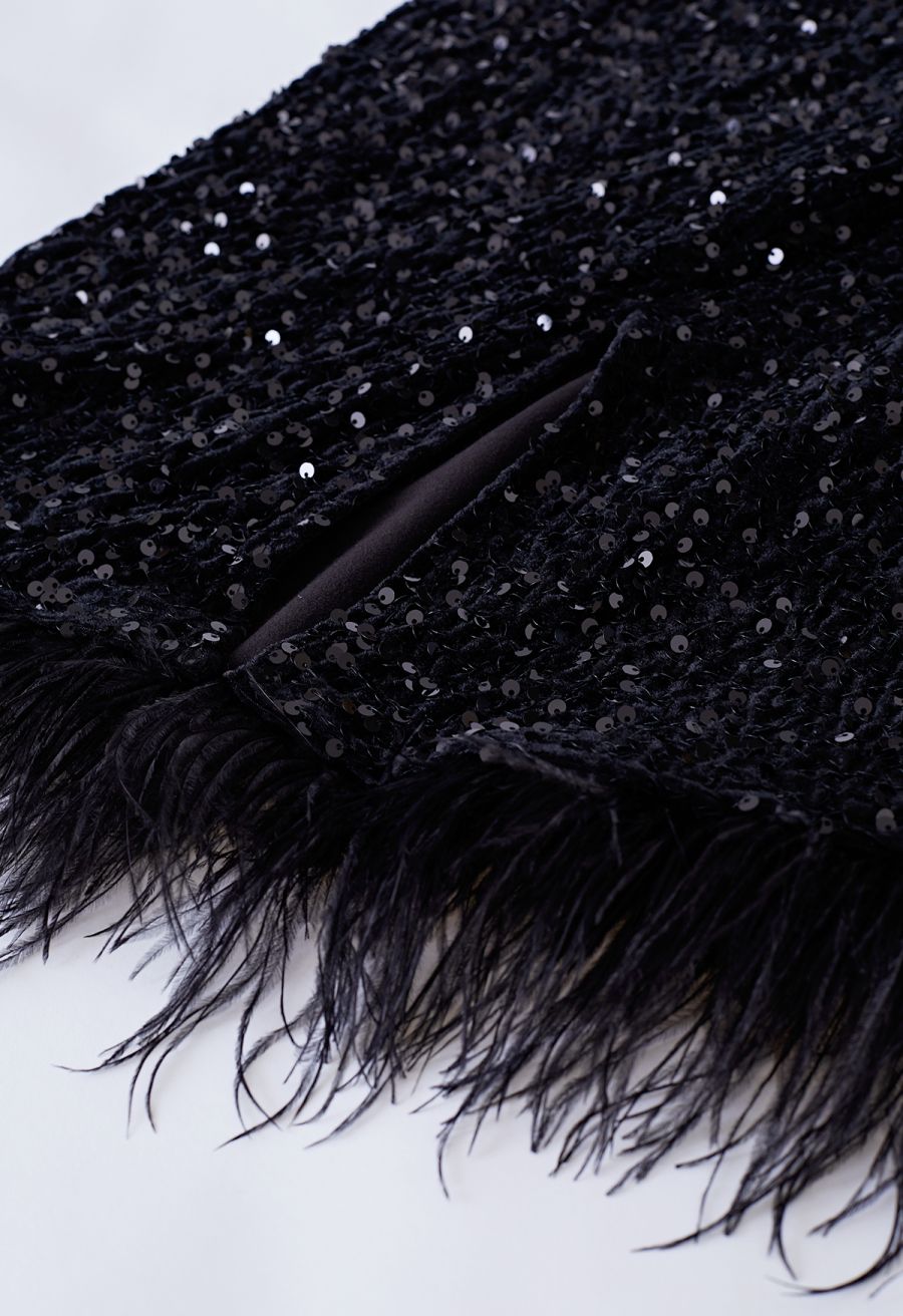 Velvet Sequined Feathered Hem Pencil Skirt in Black