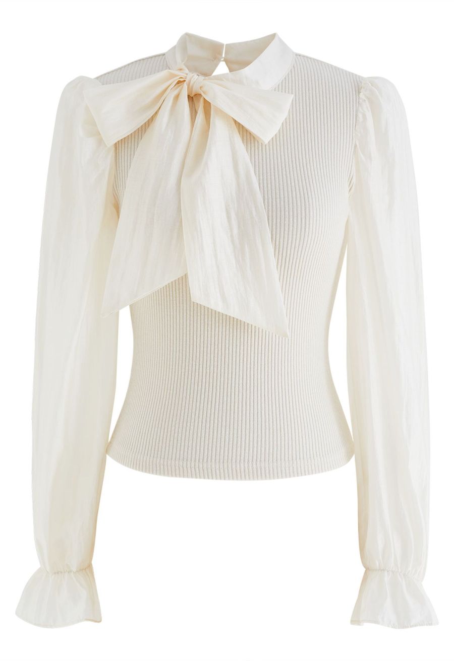 Detachable Bowknot Spliced Knit Top in Cream