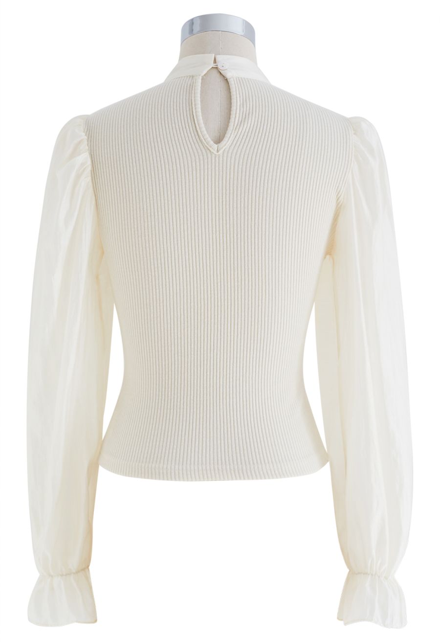Detachable Bowknot Spliced Knit Top in Cream