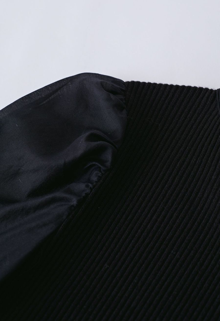 Detachable Bowknot Spliced Knit Top in Black