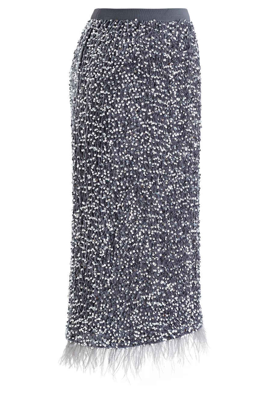 Velvet Sequined Feathered Hem Pencil Skirt in Grey