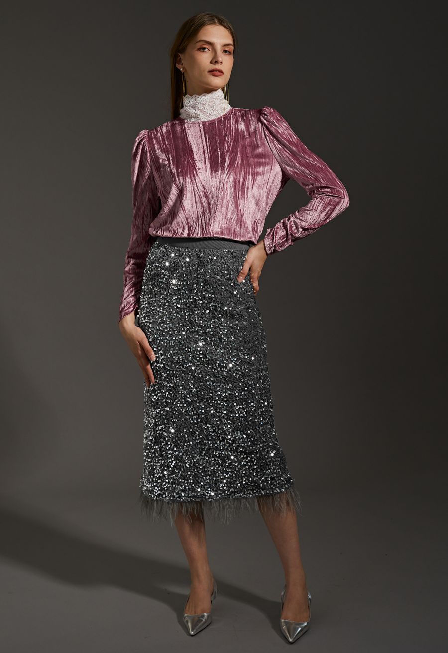 Velvet Sequined Feathered Hem Pencil Skirt in Grey