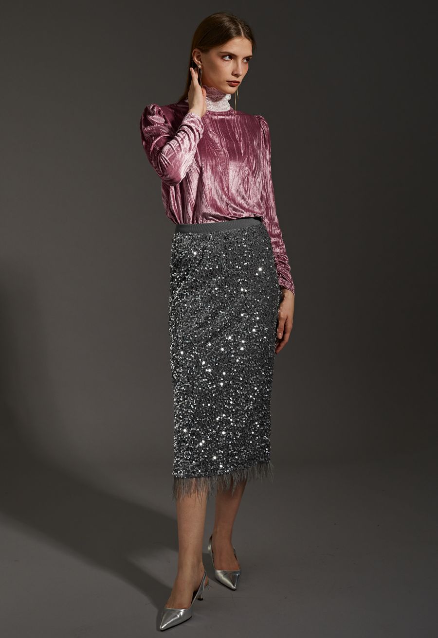 Velvet Sequined Feathered Hem Pencil Skirt in Grey