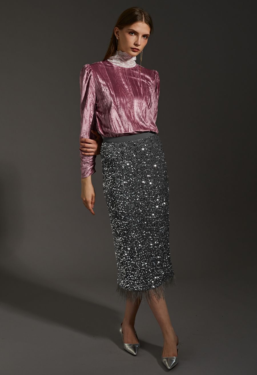 Velvet Sequined Feathered Hem Pencil Skirt in Grey