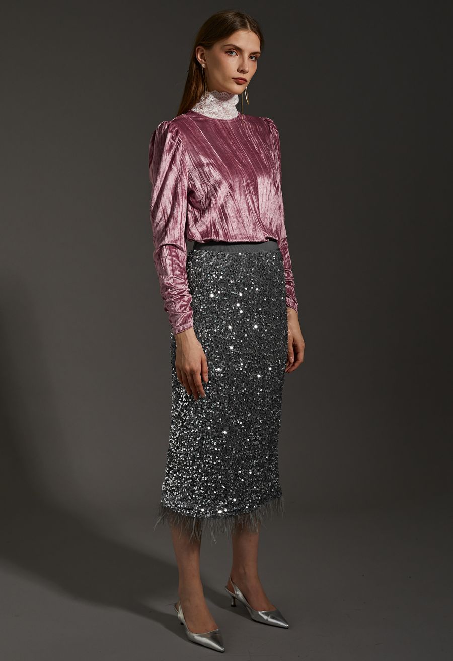 Velvet Sequined Feathered Hem Pencil Skirt in Grey