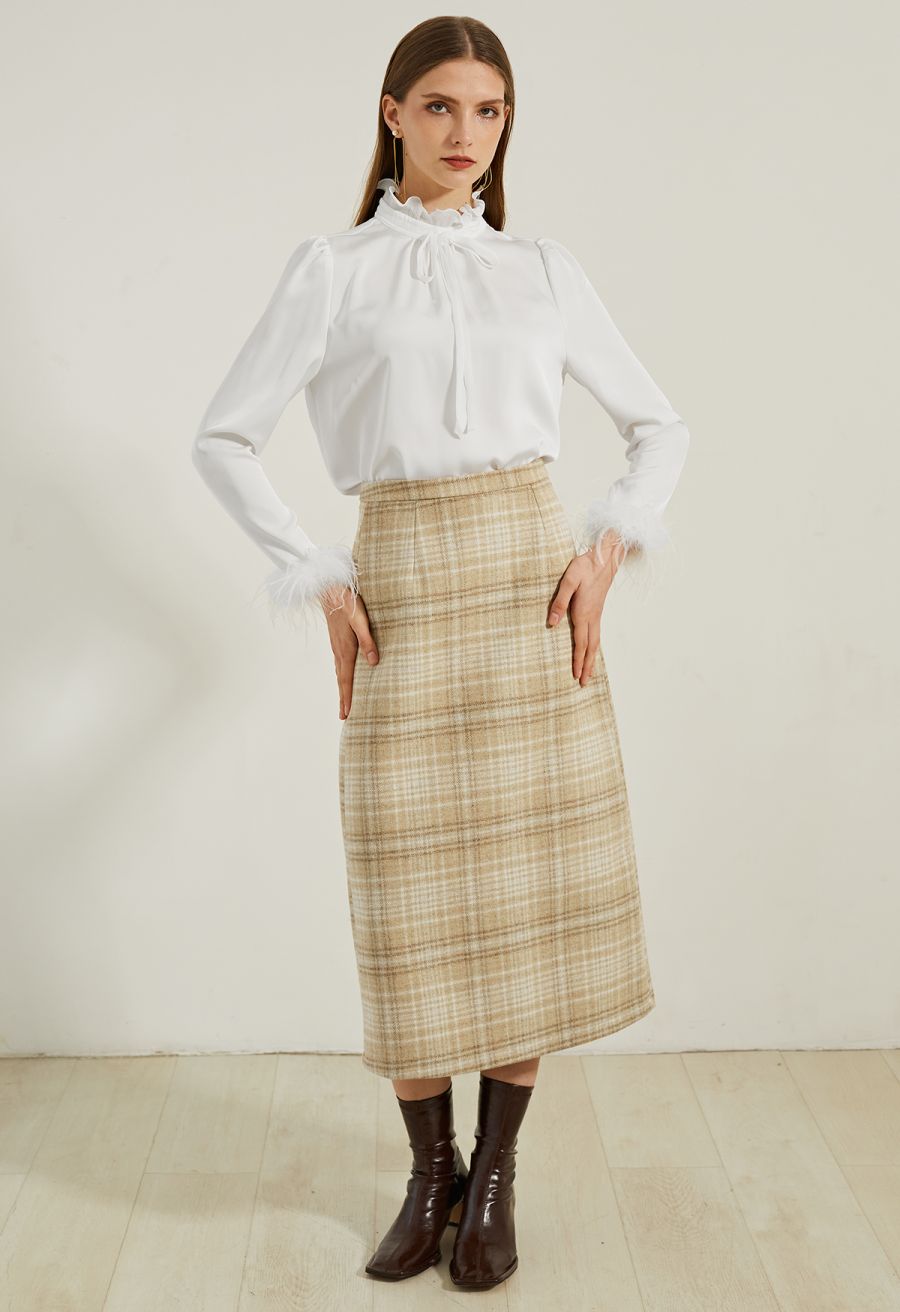 Snazzy Plaid Wool-Blend Pencil Midi Skirt
