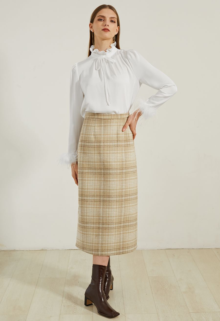 Snazzy Plaid Wool-Blend Pencil Midi Skirt