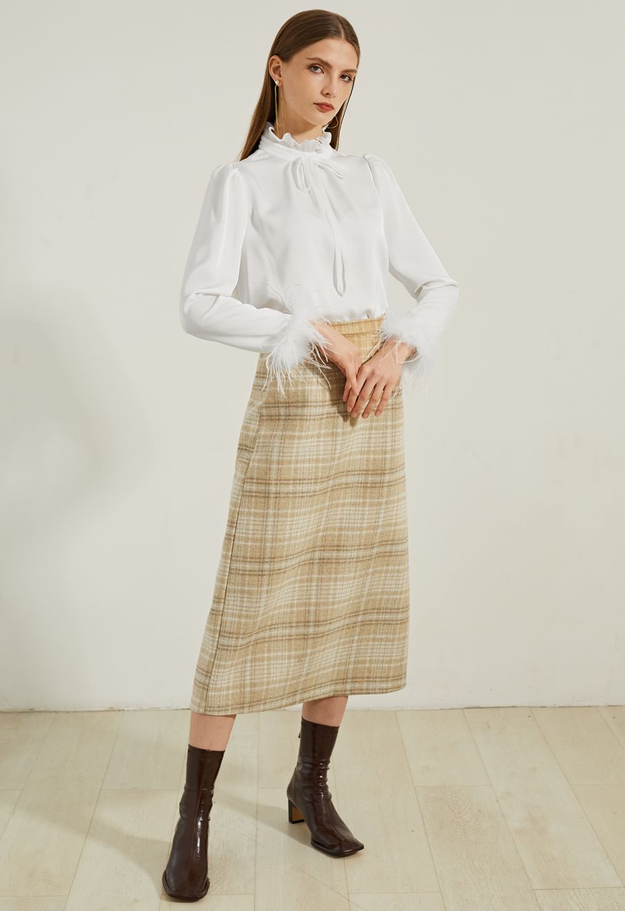 Snazzy Plaid Wool-Blend Pencil Midi Skirt