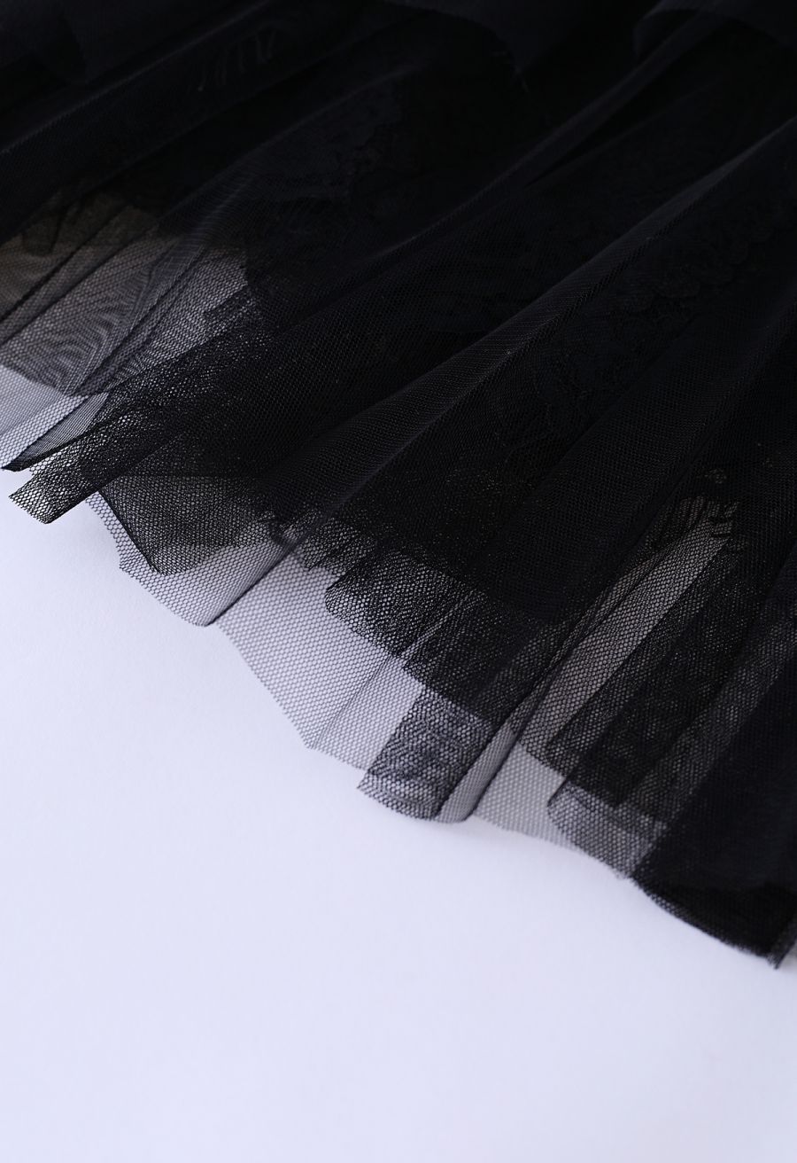 Floral Lace Ruffle Mesh Tulle Skirt in Black