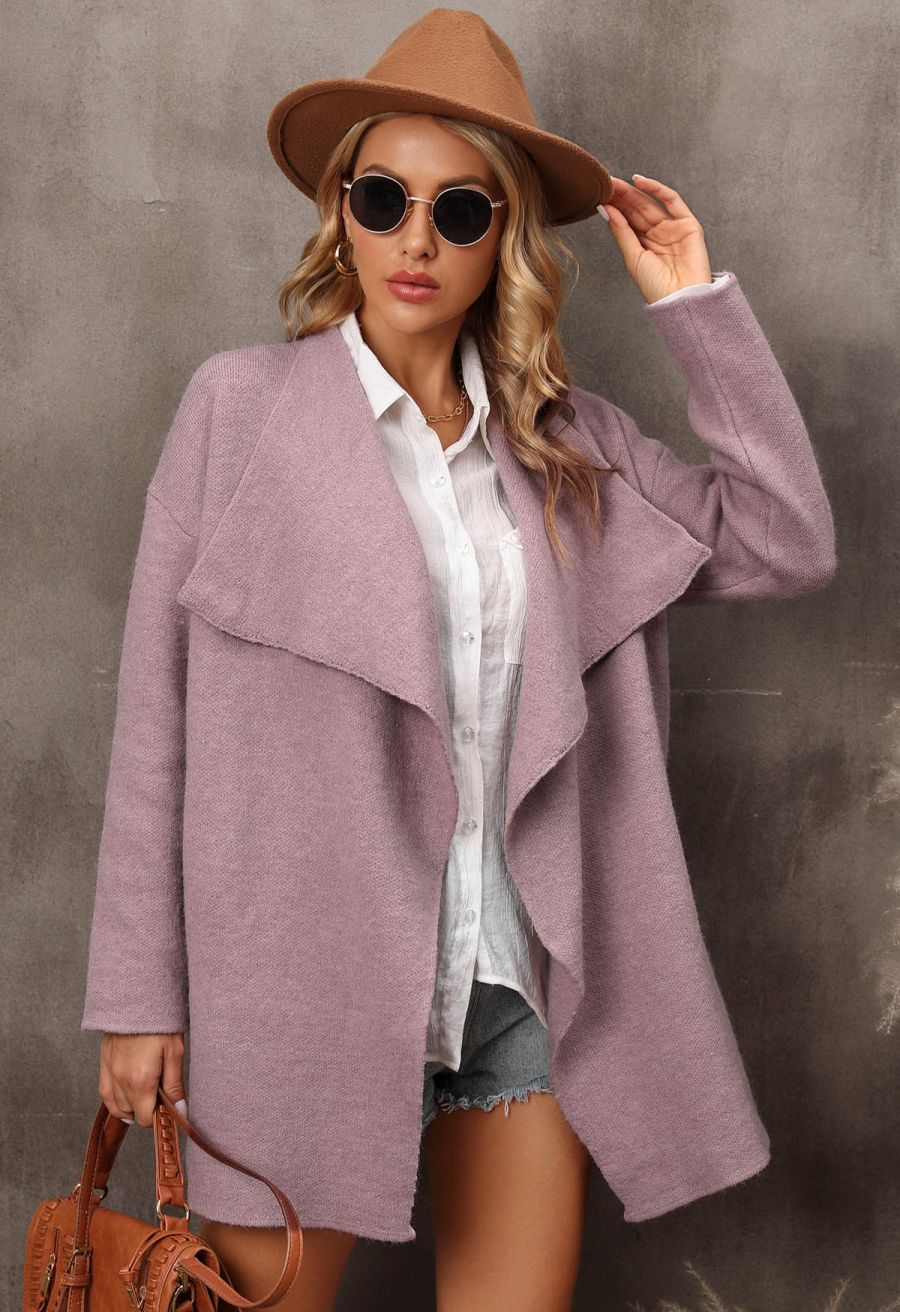 Wide Lapel Loose Knit Cardigan in Dusty Pink