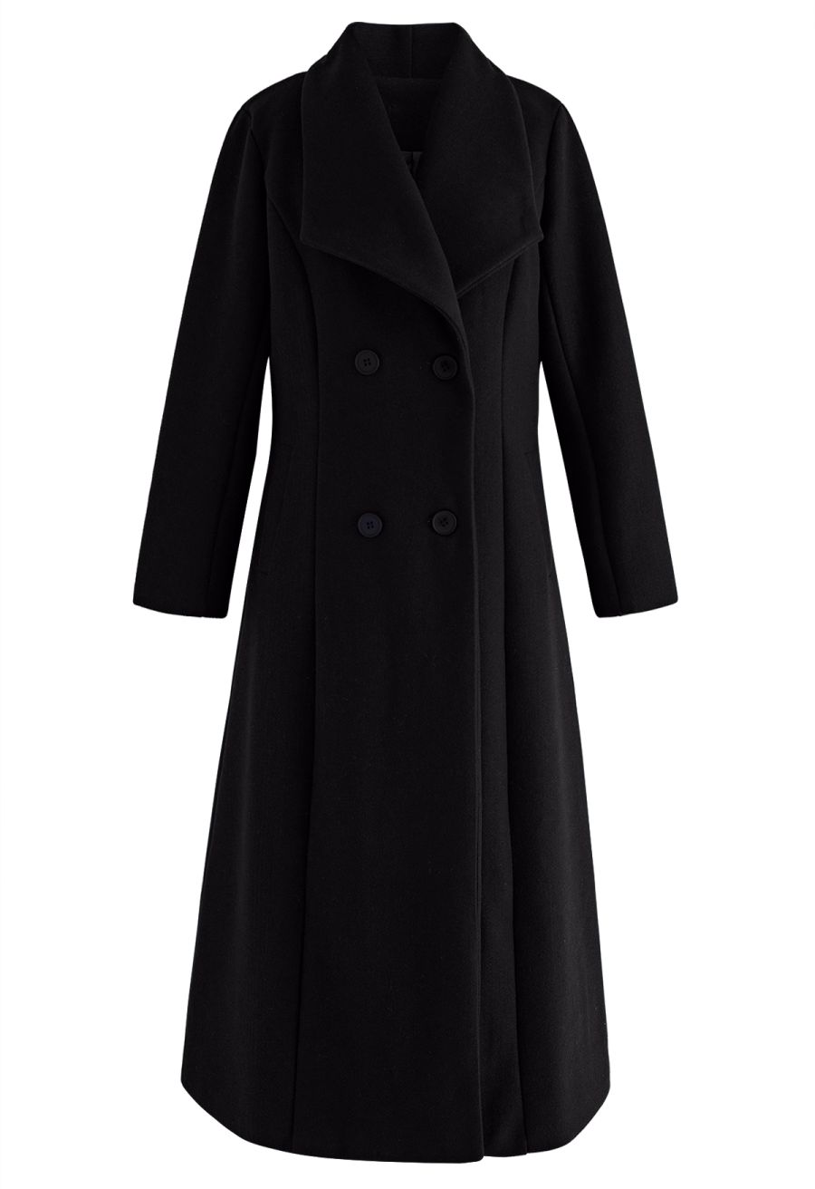 Wide Lapel Double-Breasted Flare Longline Coat in Black