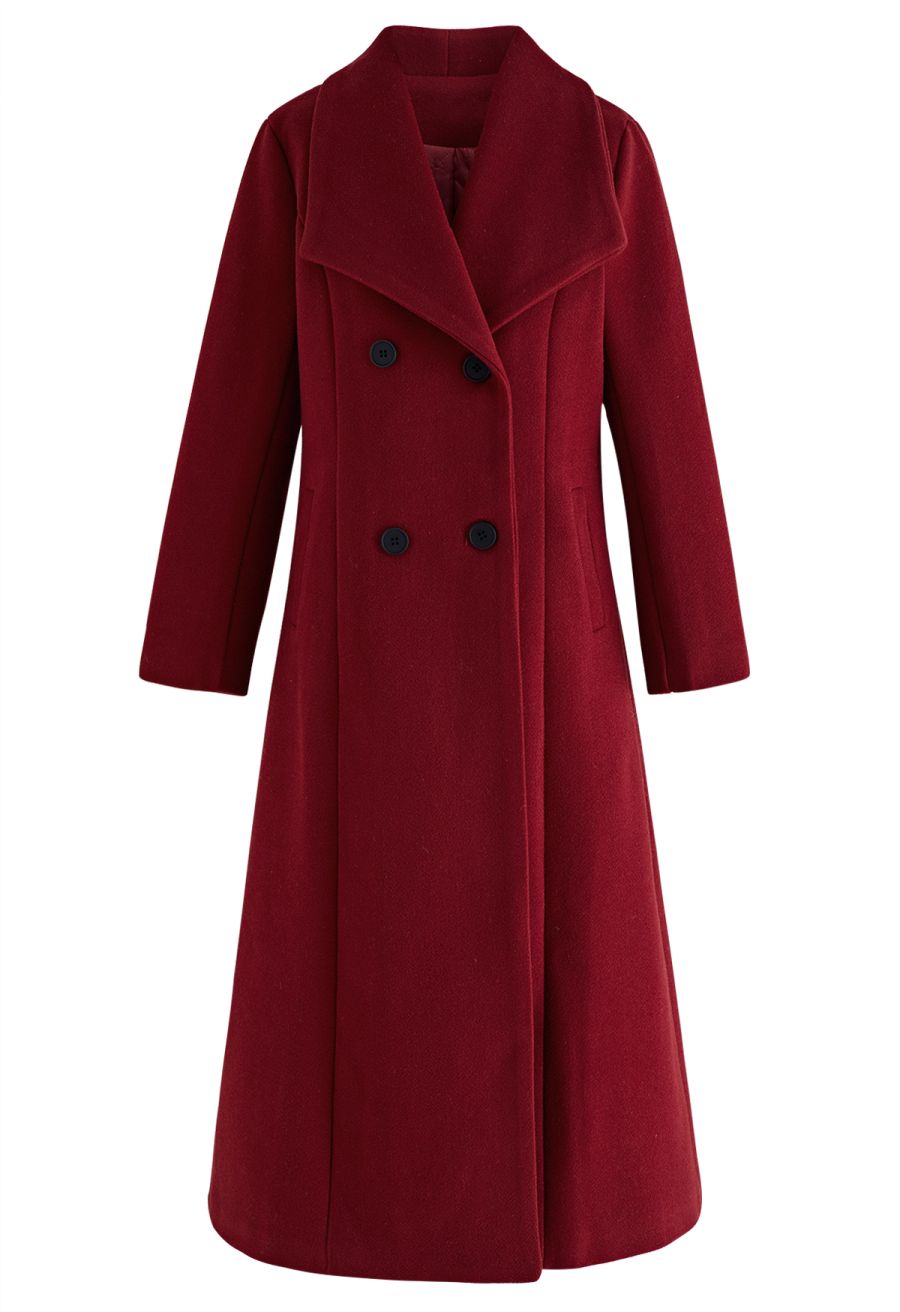 Wide Lapel Double-Breasted Flare Longline Coat in Red
