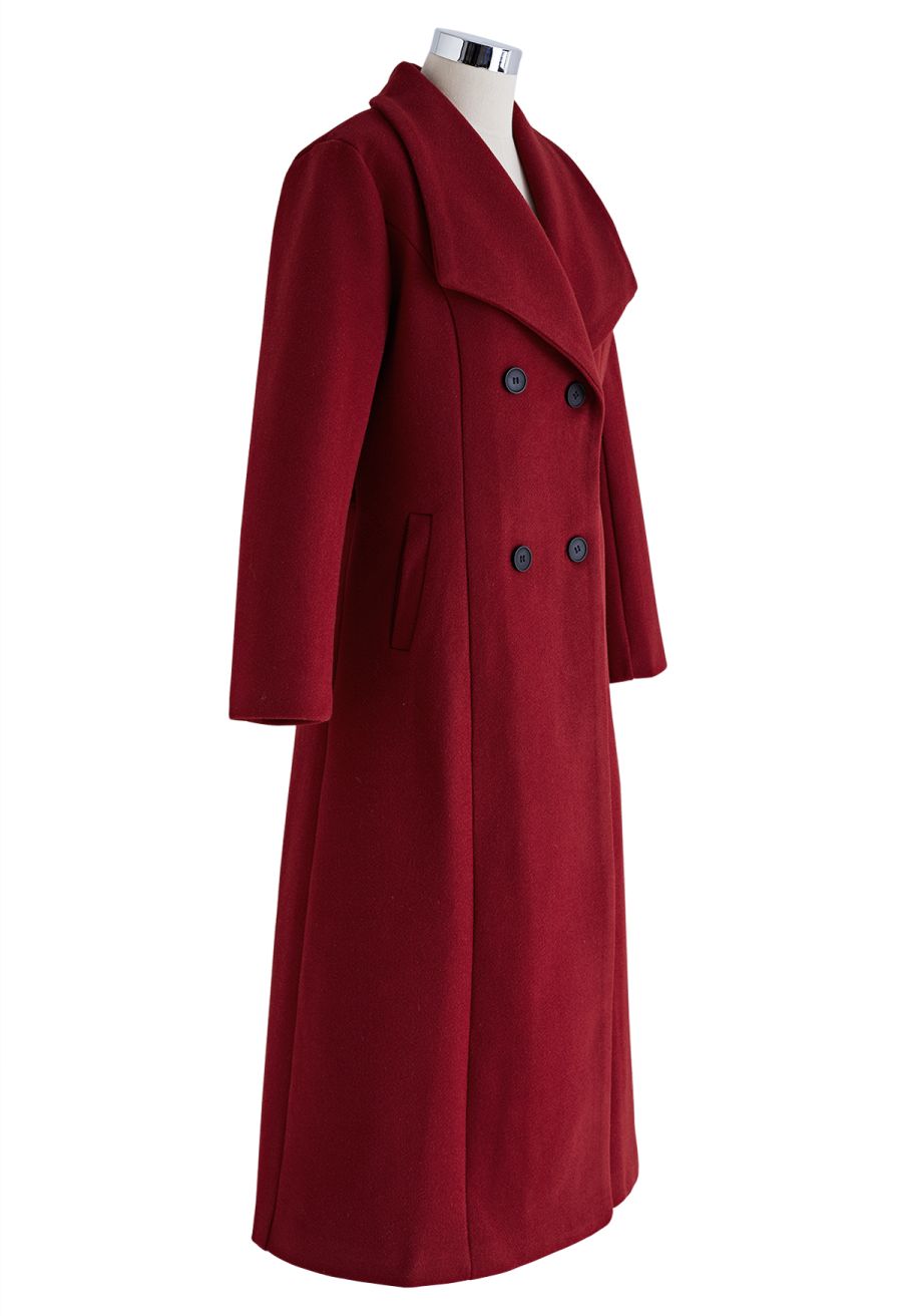 Wide Lapel Double-Breasted Flare Longline Coat in Red