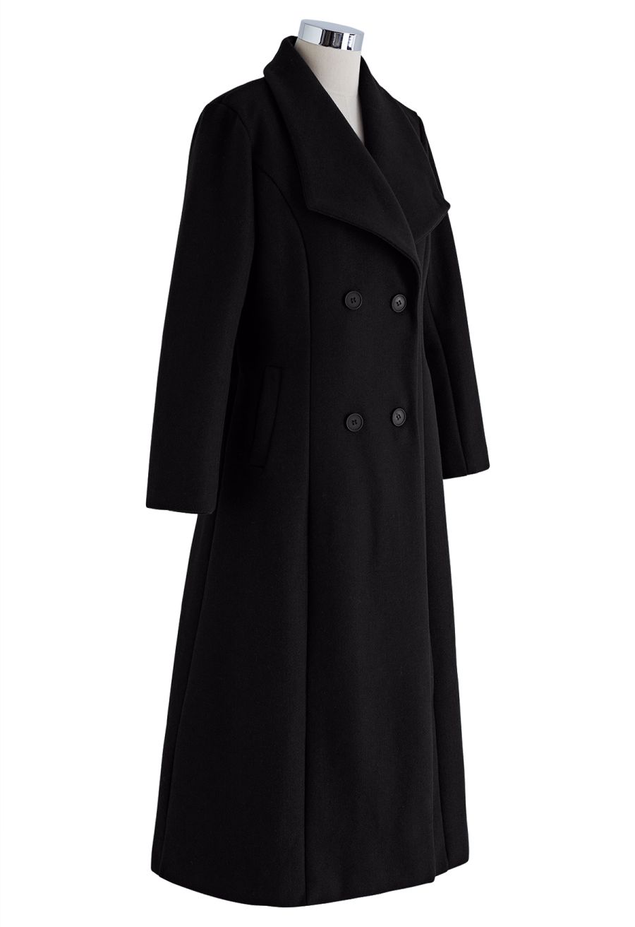 Wide Lapel Double-Breasted Flare Longline Coat in Black