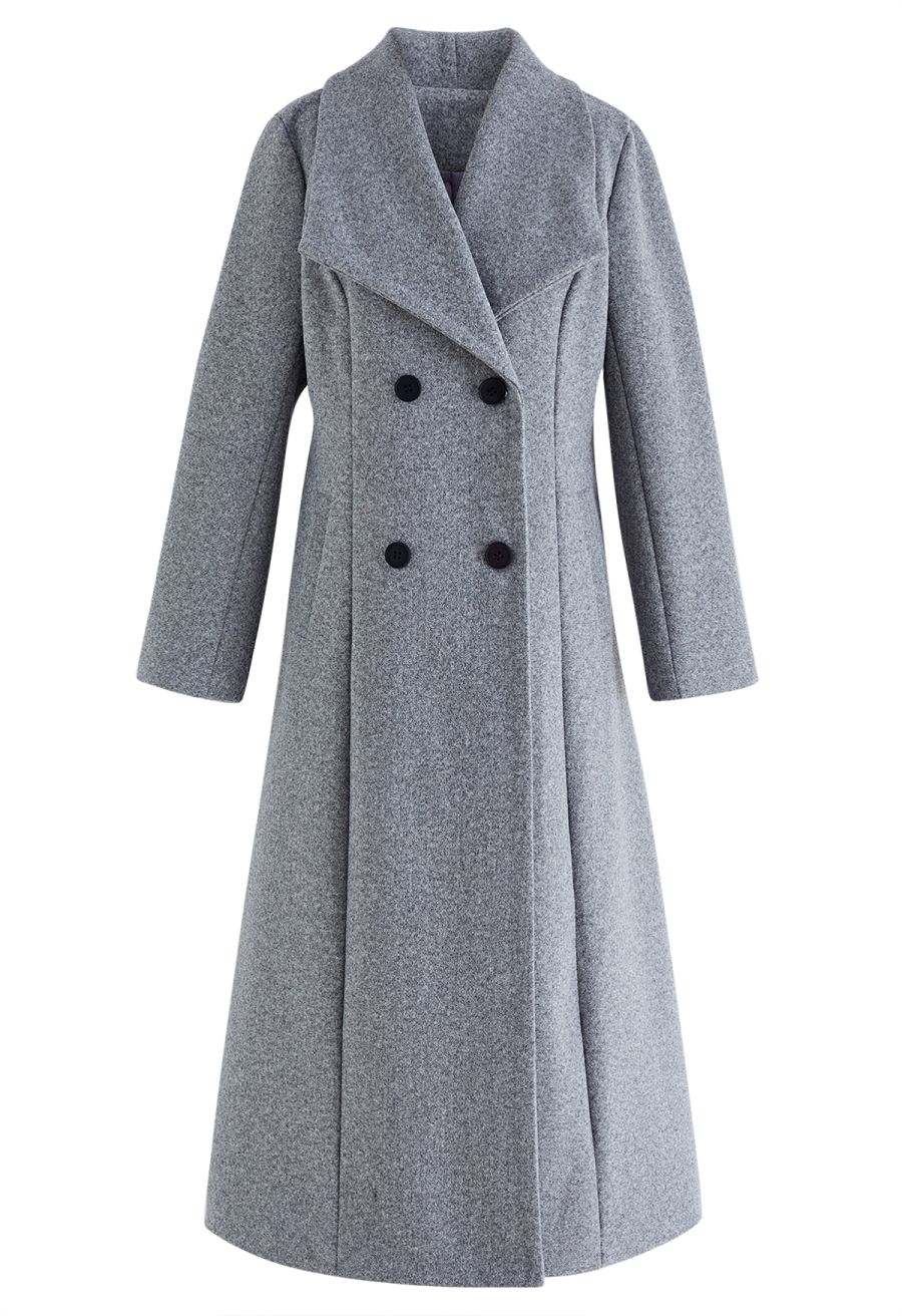 Wide Lapel Double-Breasted Flare Longline Coat in Grey