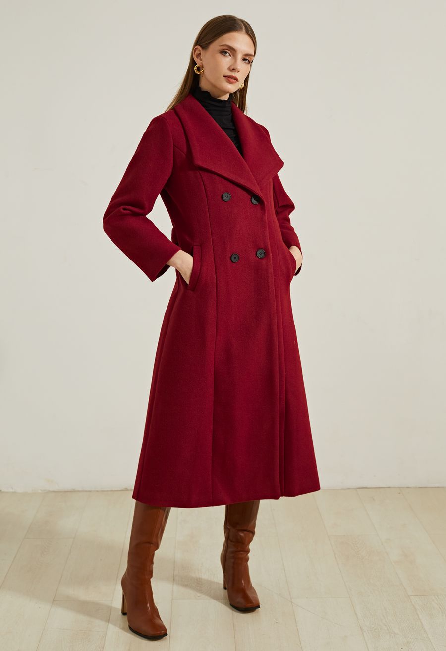 Wide Lapel Double-Breasted Flare Longline Coat in Red