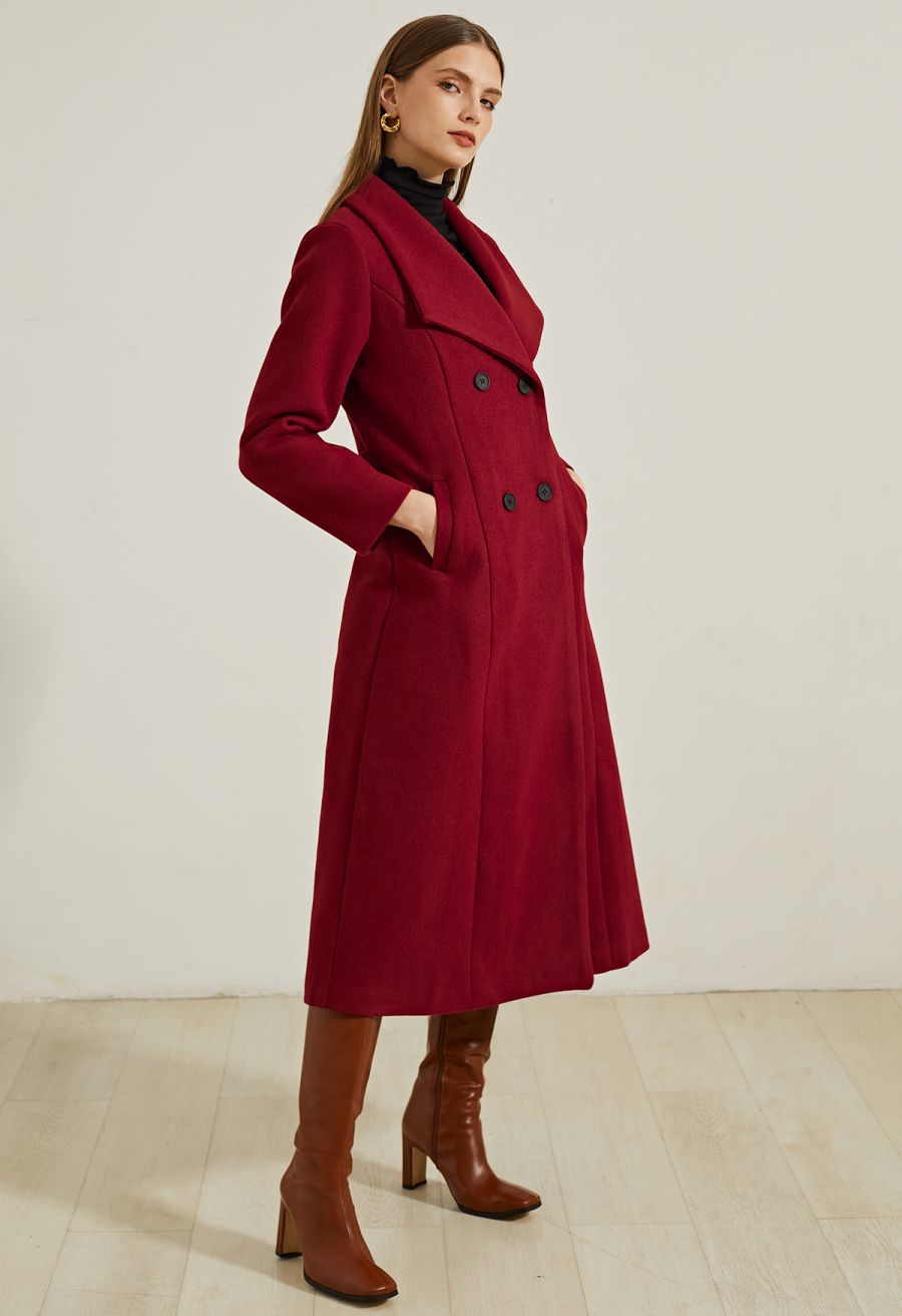 Wide Lapel Double-Breasted Flare Longline Coat in Red