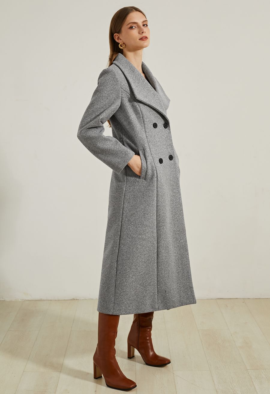 Wide Lapel Double-Breasted Flare Longline Coat in Grey
